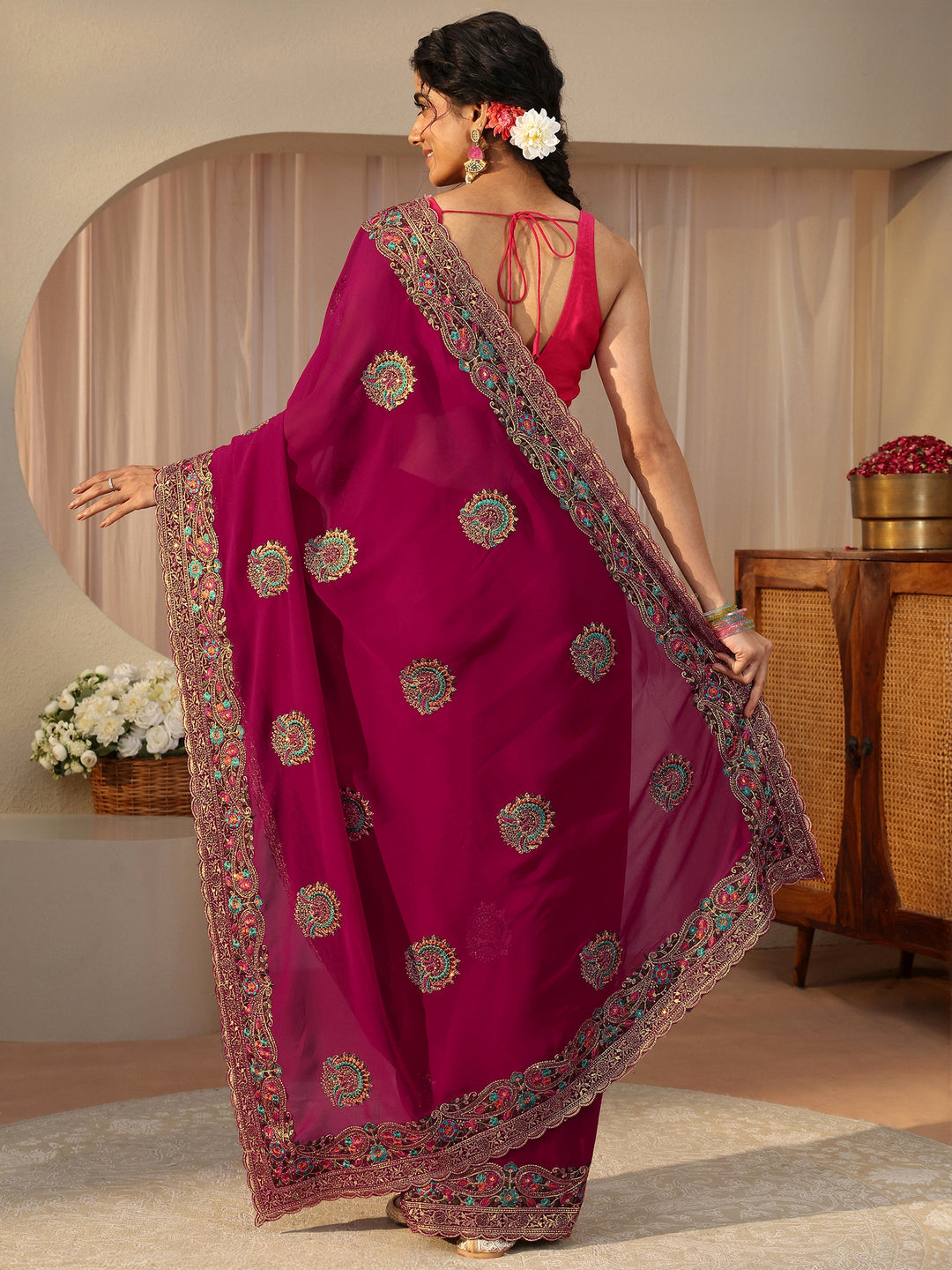  Pink Floral Embroidered Georgette Saree 