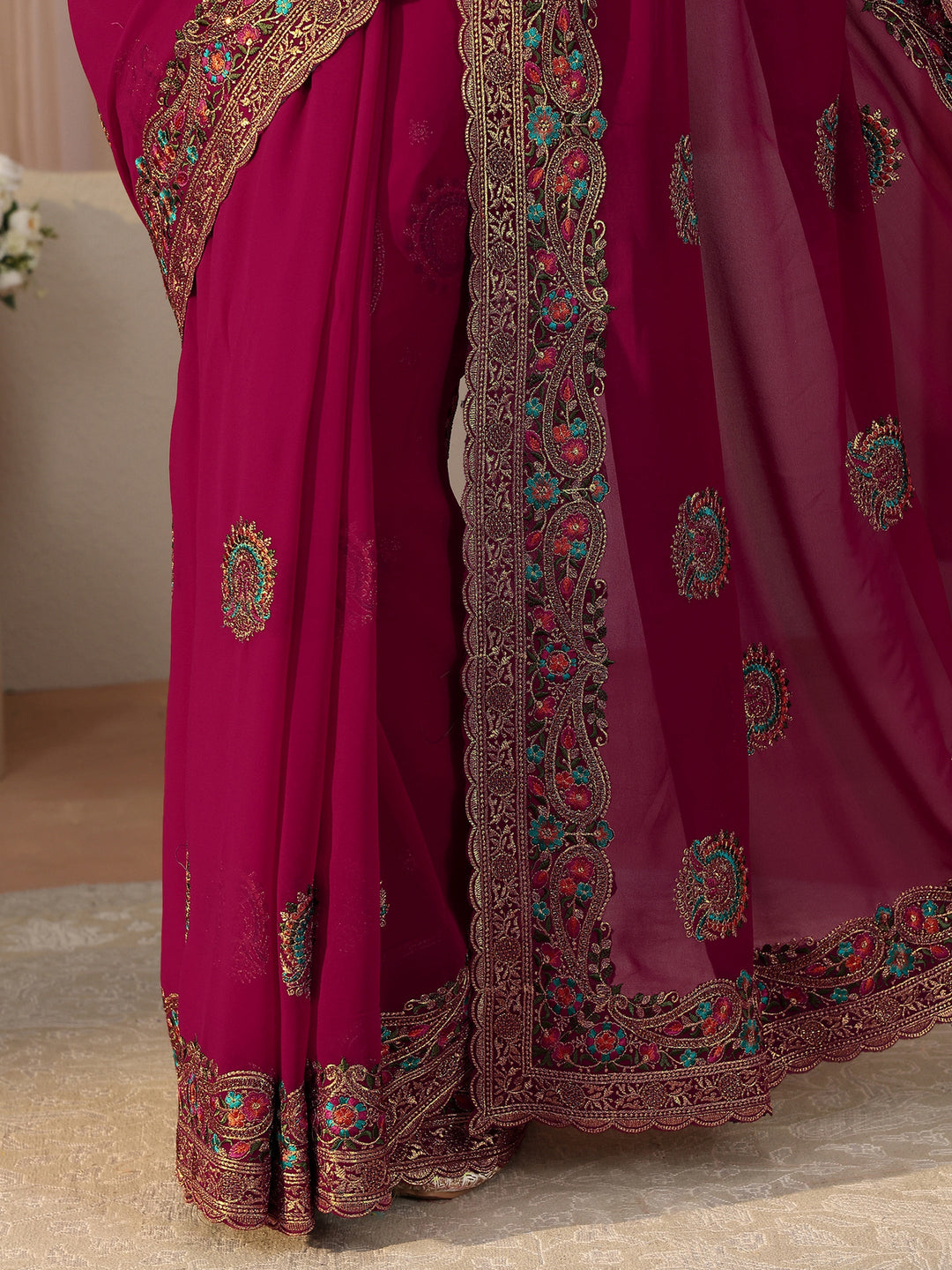  Pink Floral Embroidered Georgette Saree 