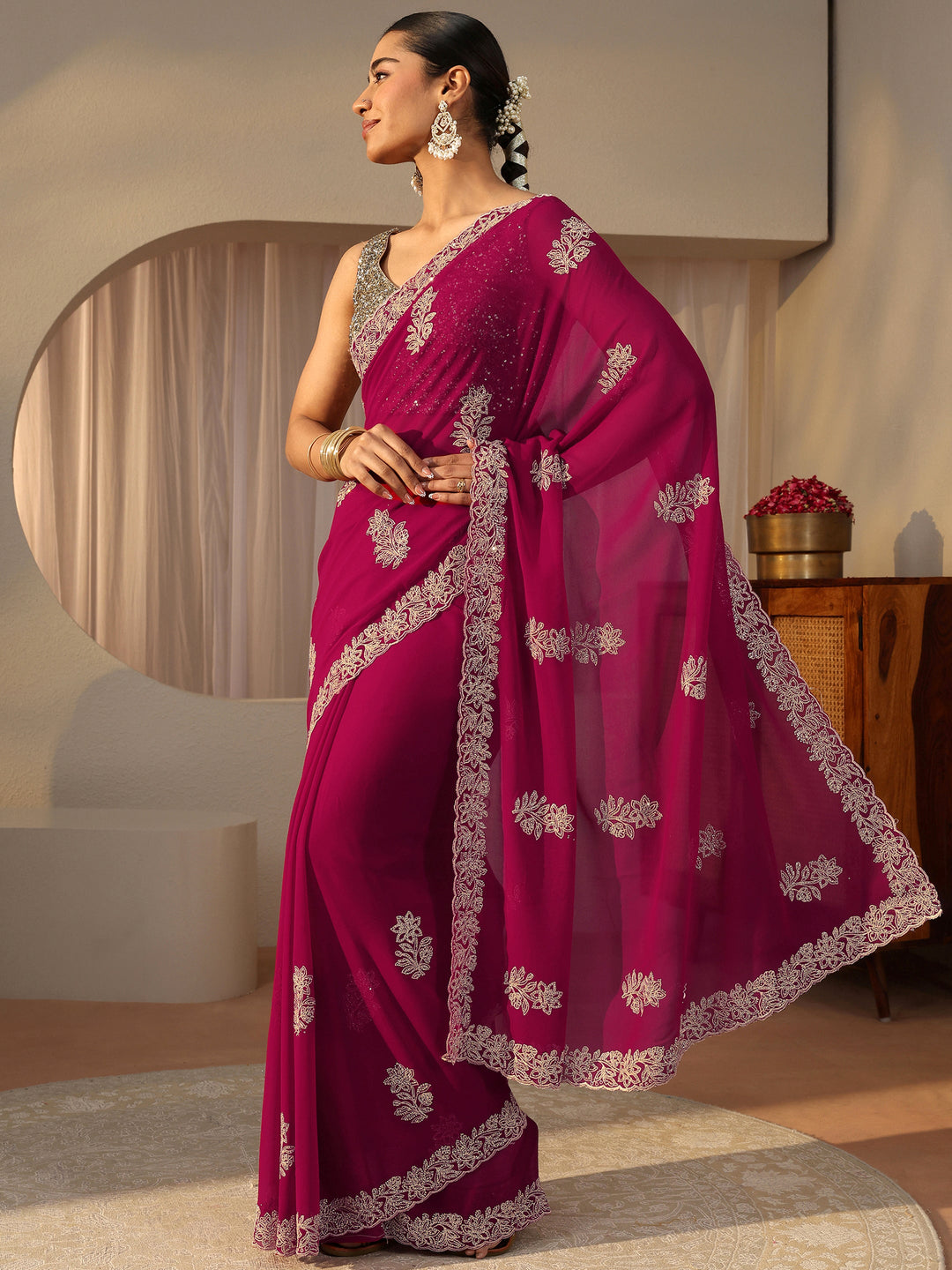  Pink Floral Embroidered Georgette Saree 