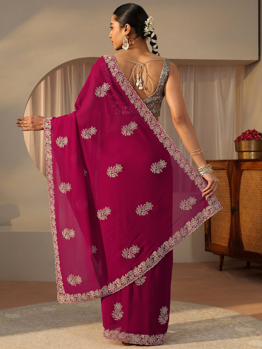  Pink Floral Embroidered Georgette Saree 