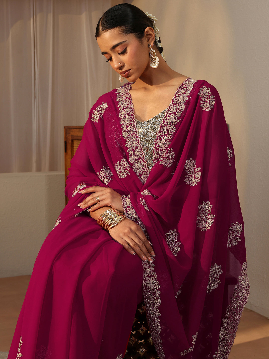  Pink Floral Embroidered Georgette Saree 