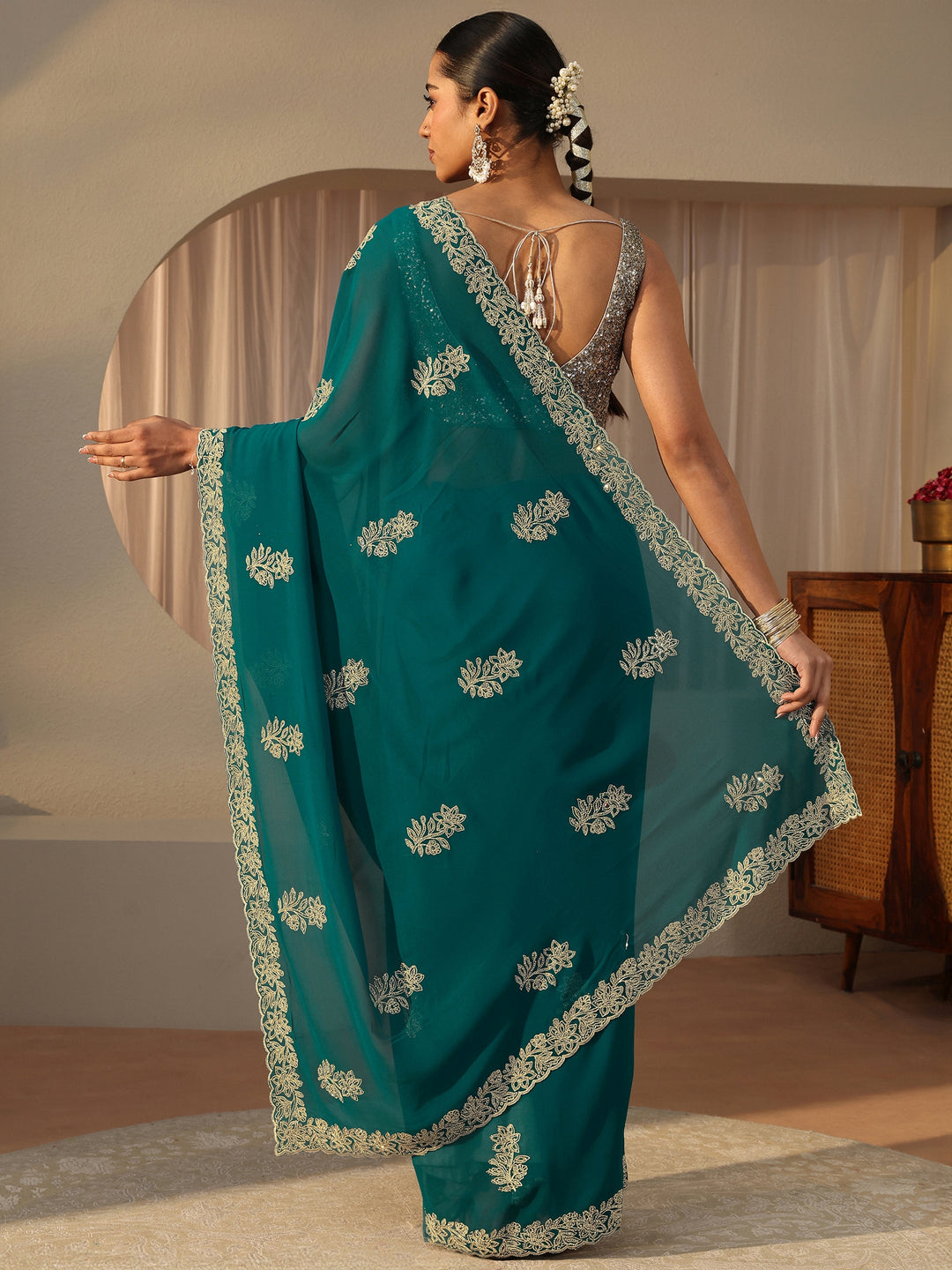  Blue Floral Embroidered Georgette Saree 