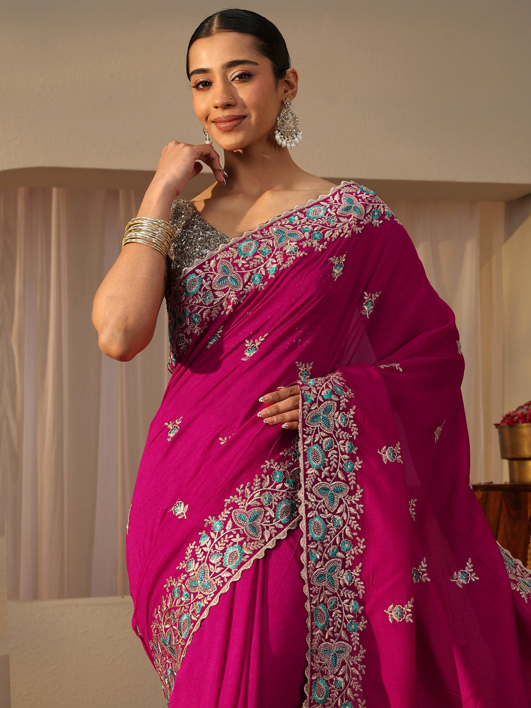  Pink Floral Embroidered Silk Blend Saree 
