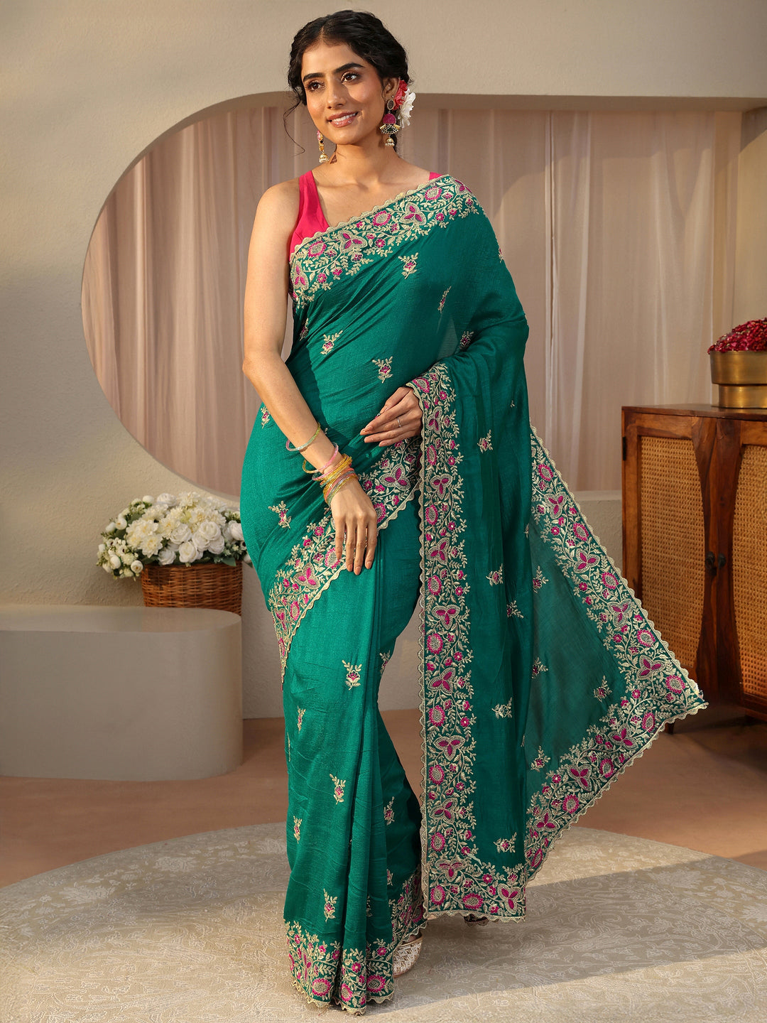  Green Floral Embroidered Silk Blend Saree 