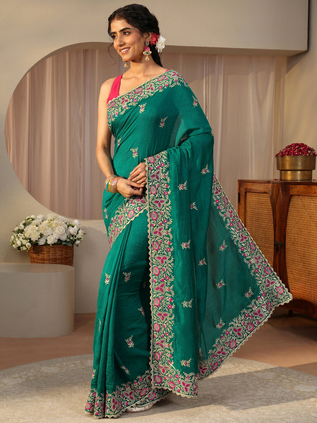  Green Floral Embroidered Silk Blend Saree 