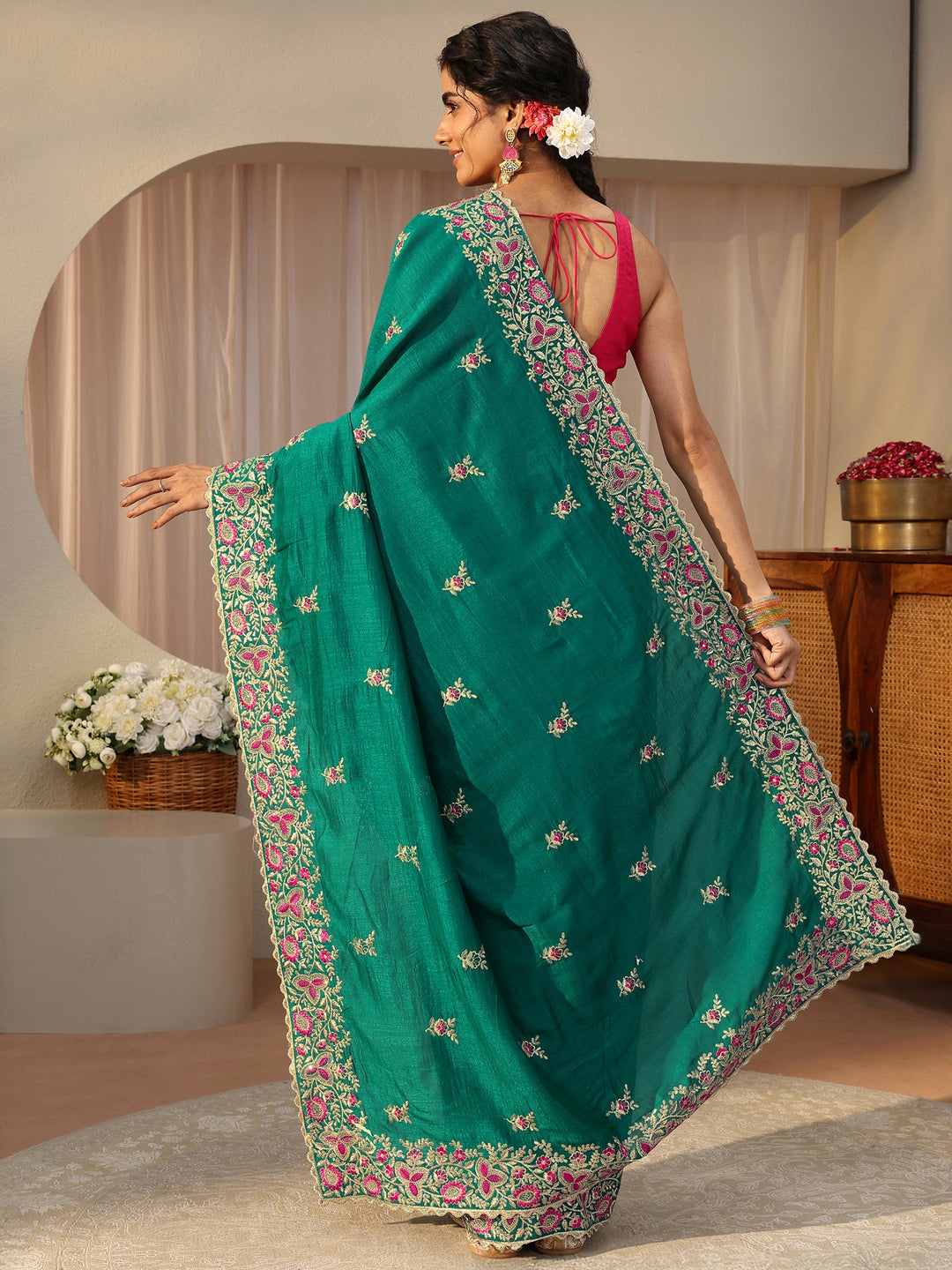  Green Floral Embroidered Silk Blend Saree 