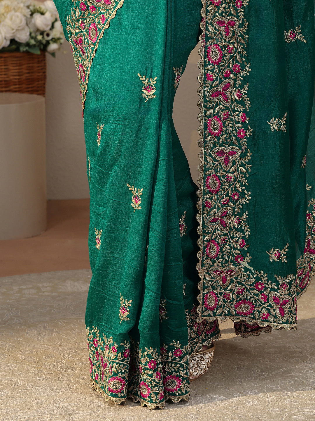  Green Floral Embroidered Silk Blend Saree 