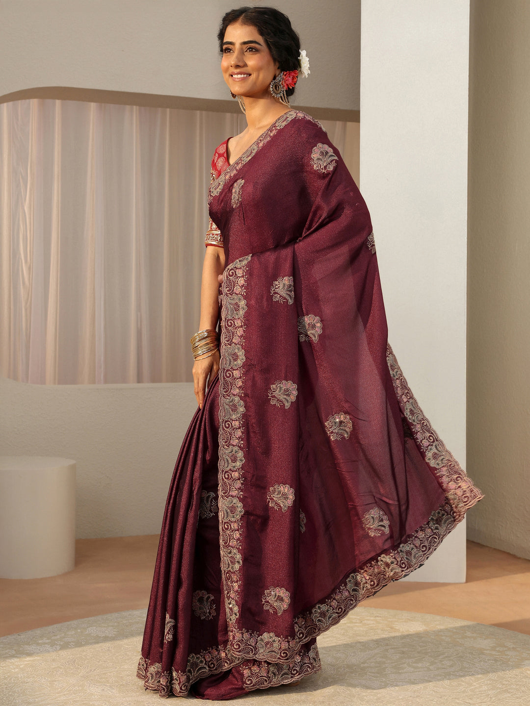  Maroon Floral Embroidered Glossy Chiffon Saree 