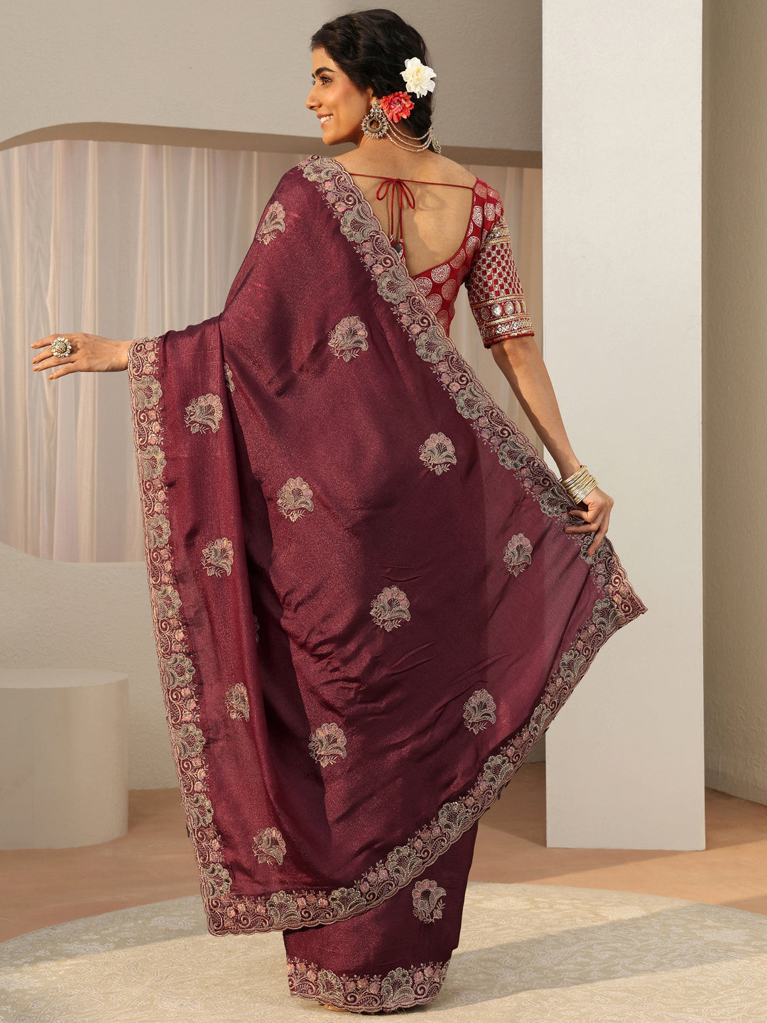  Maroon Floral Embroidered Glossy Chiffon Saree 