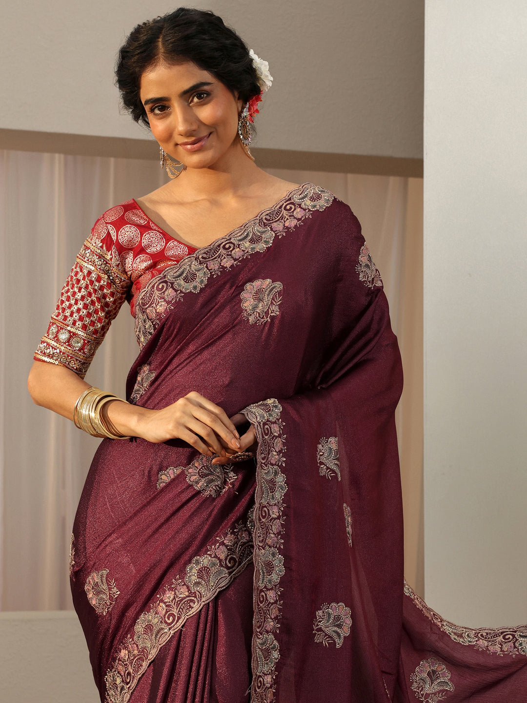  Maroon Floral Embroidered Glossy Chiffon Saree 