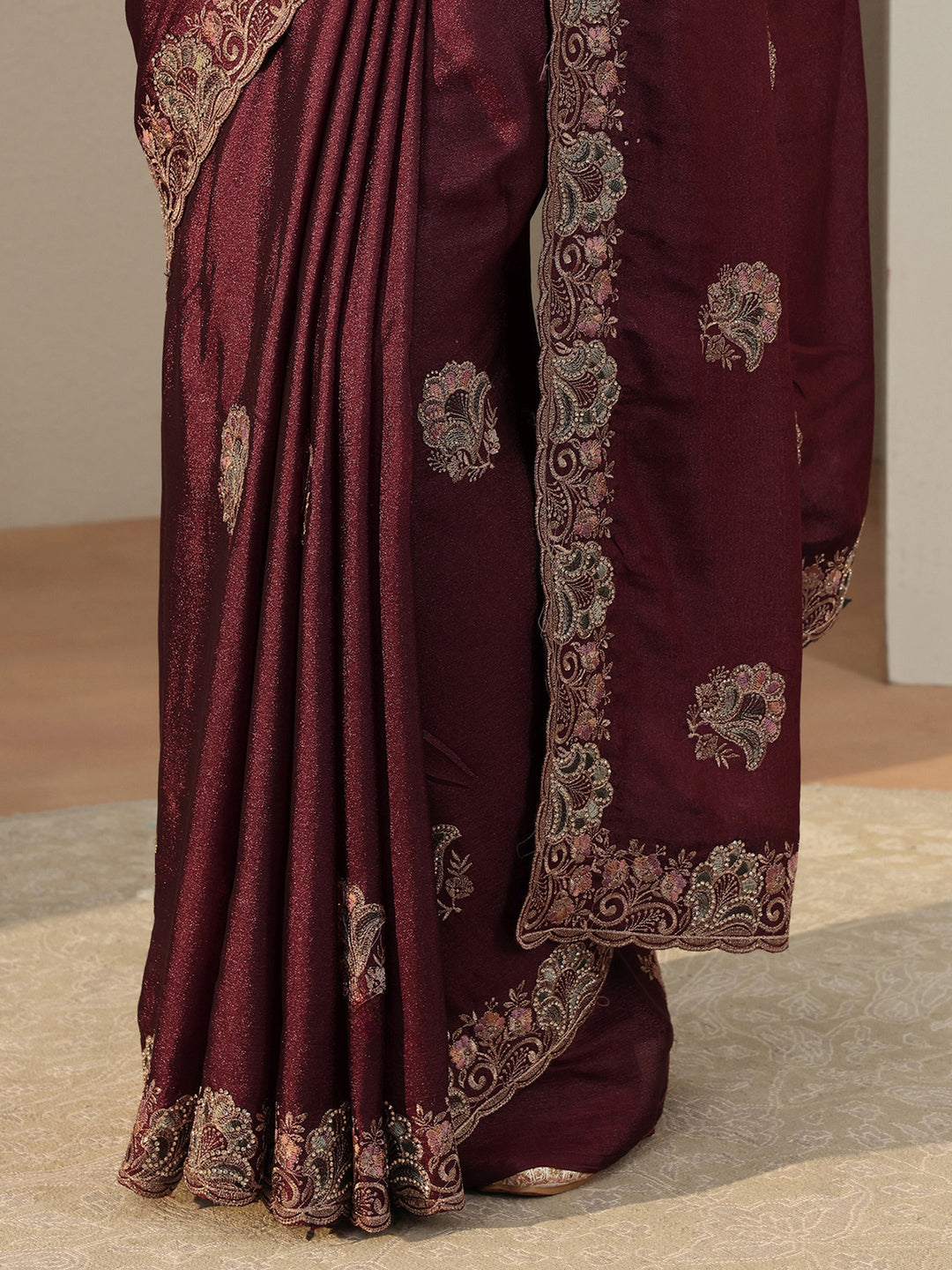  Maroon Floral Embroidered Glossy Chiffon Saree 