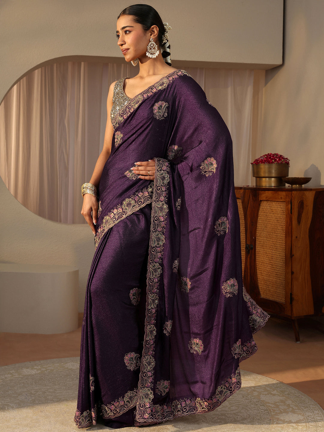  Libas Purple Floral Embroidered Glossy Chiffon Saree 