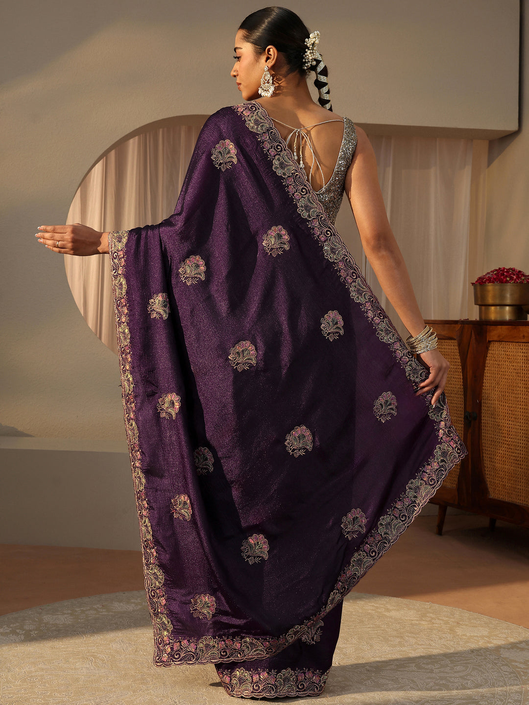  Libas Purple Floral Embroidered Glossy Chiffon Saree 