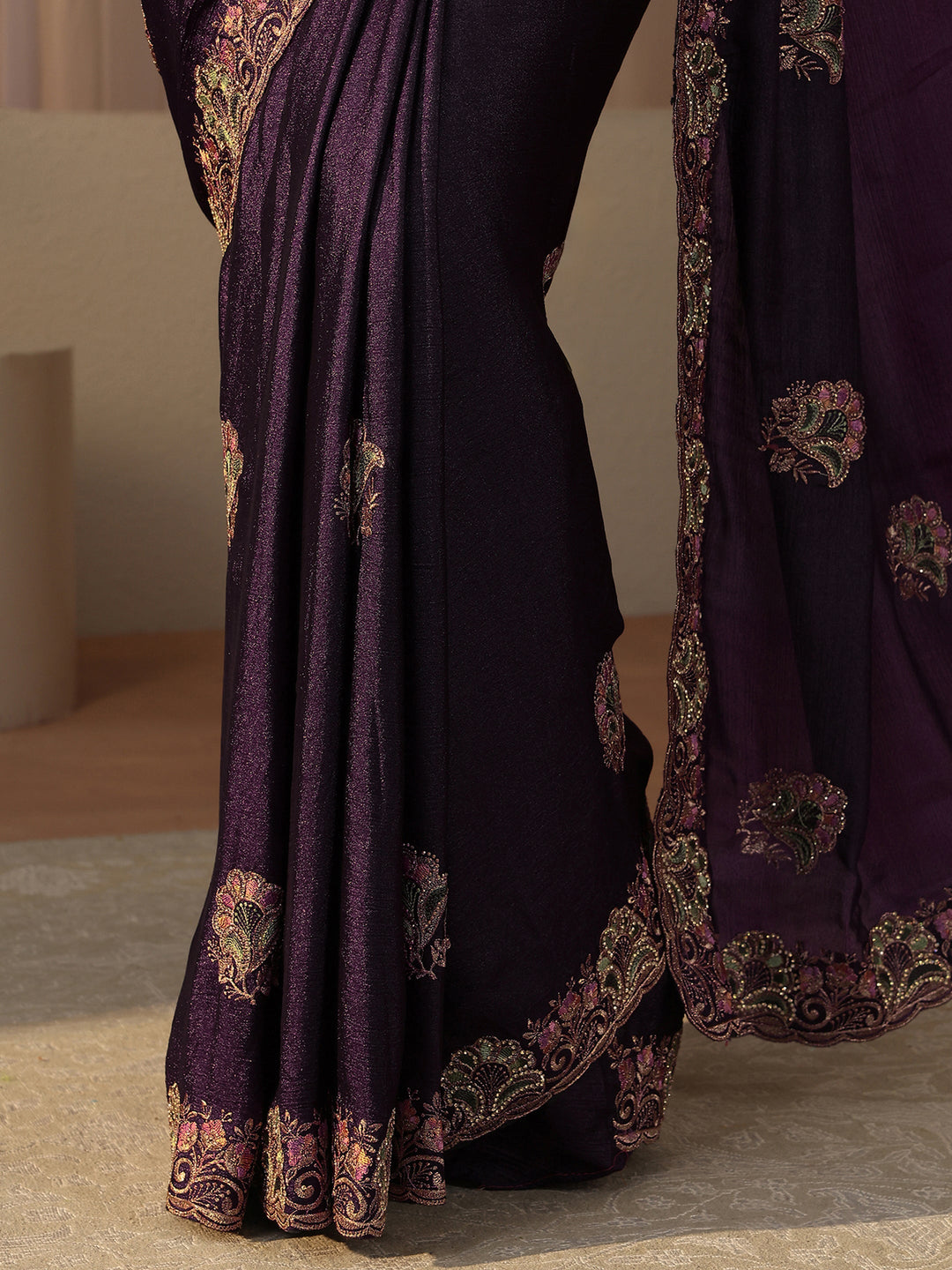  Purple Floral Embroidered Glossy Chiffon Saree 