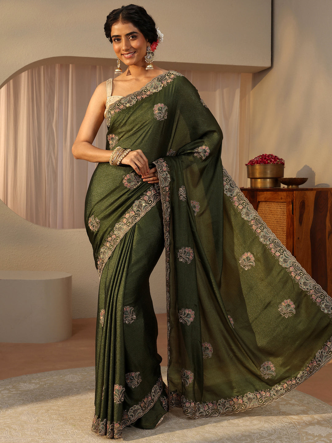  Green Floral Embroidered Glossy Chiffon Saree 