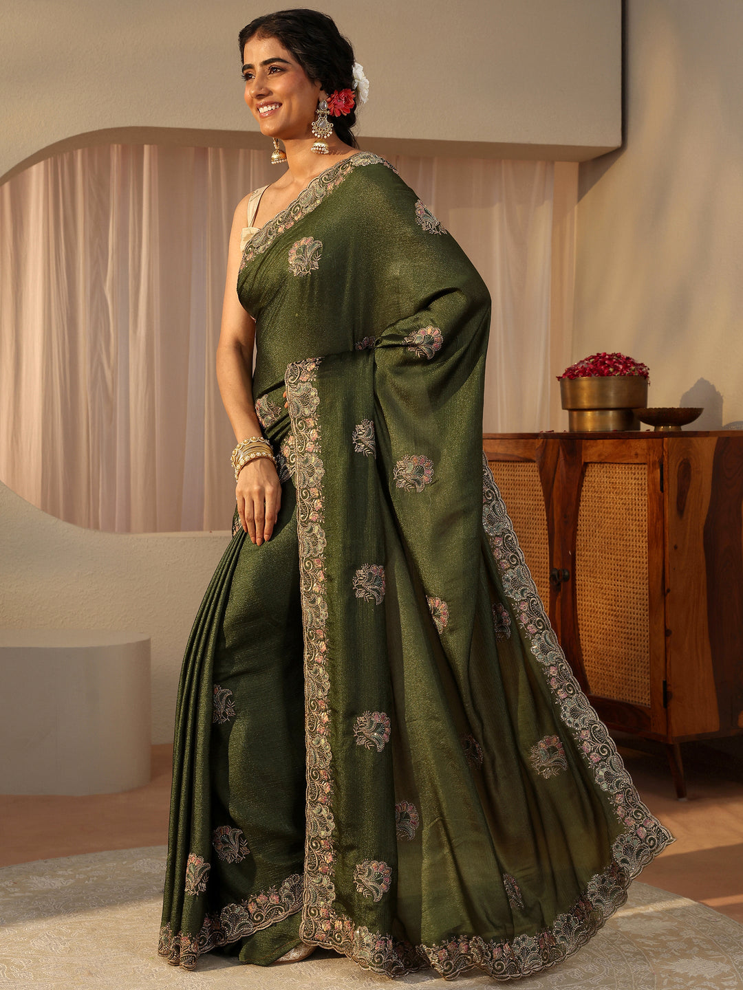  Green Floral Embroidered Glossy Chiffon Saree 