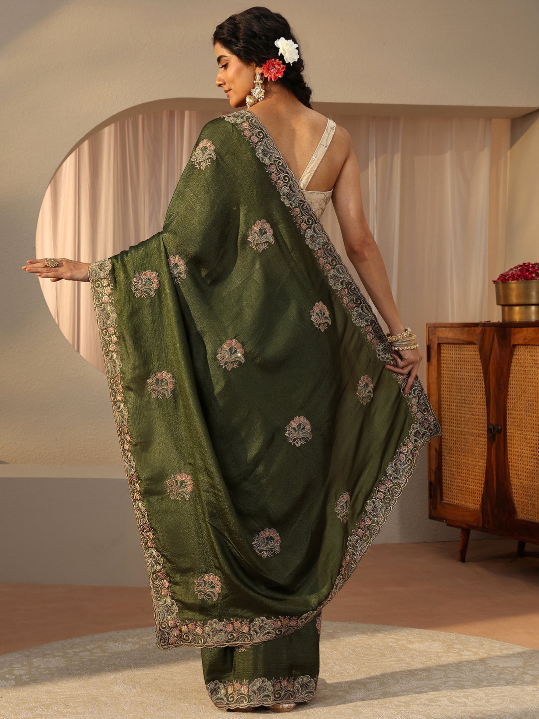  Green Floral Embroidered Glossy Chiffon Saree 