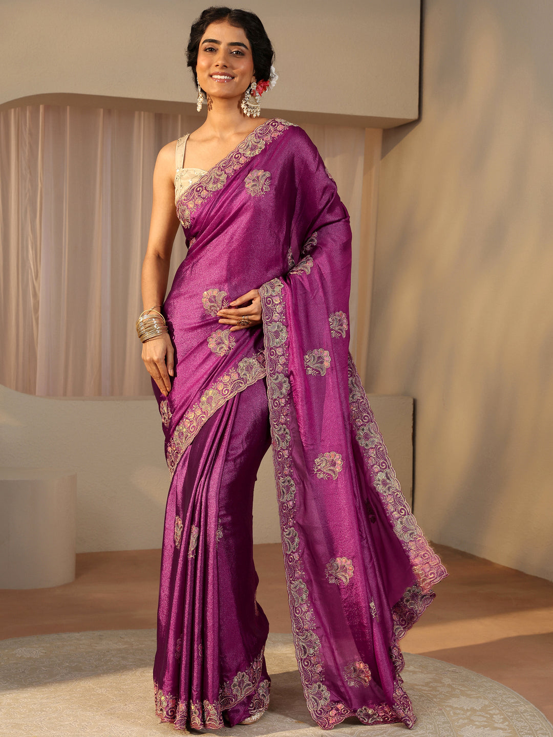  Pink Floral Embroidered Glossy Chiffon Saree 