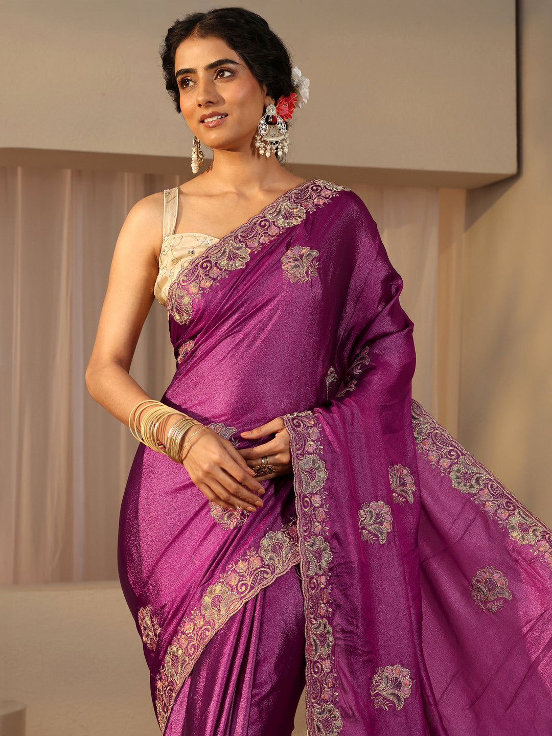  Pink Floral Embroidered Glossy Chiffon Saree 