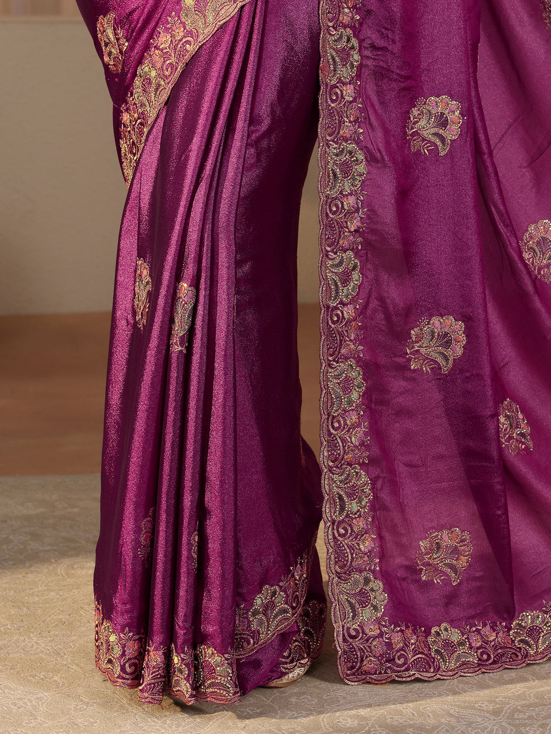  Pink Floral Embroidered Glossy Chiffon Saree 