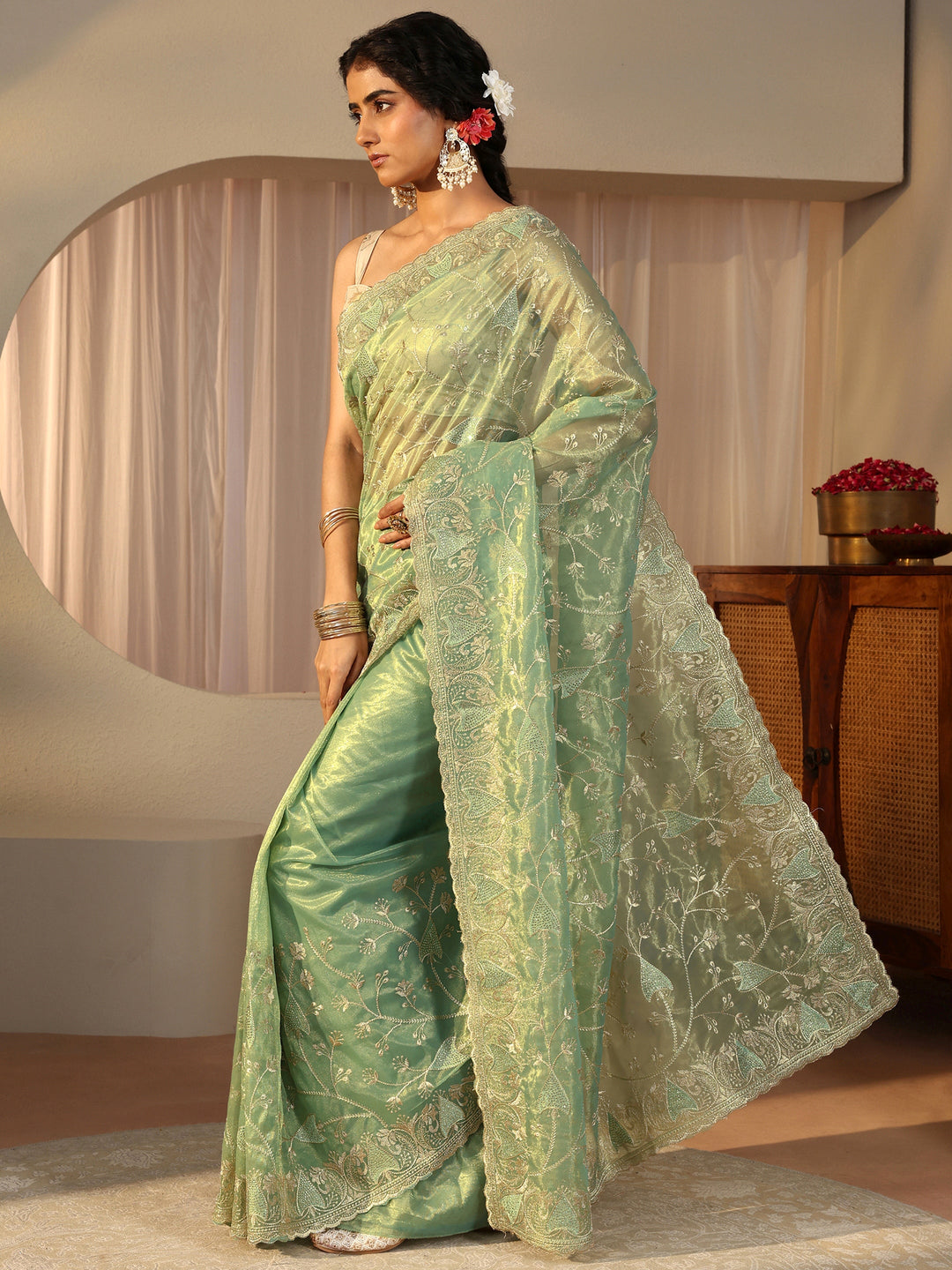  Green Floral Embroidered Glossy Net Saree 