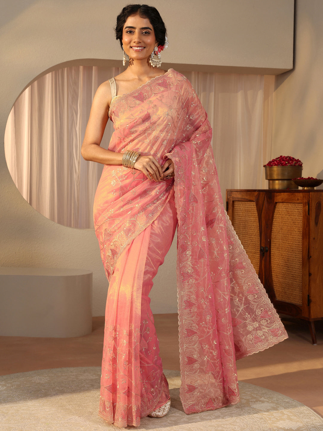  Peach Floral Embroidered Glossy Net Saree 