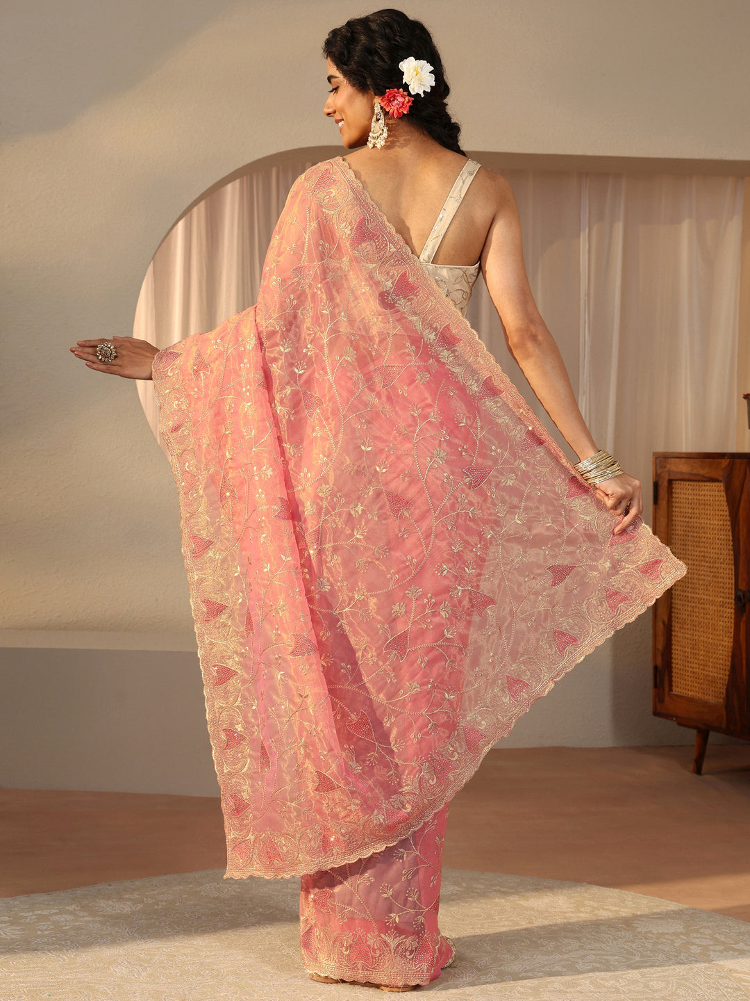  Peach Floral Embroidered Glossy Net Saree 