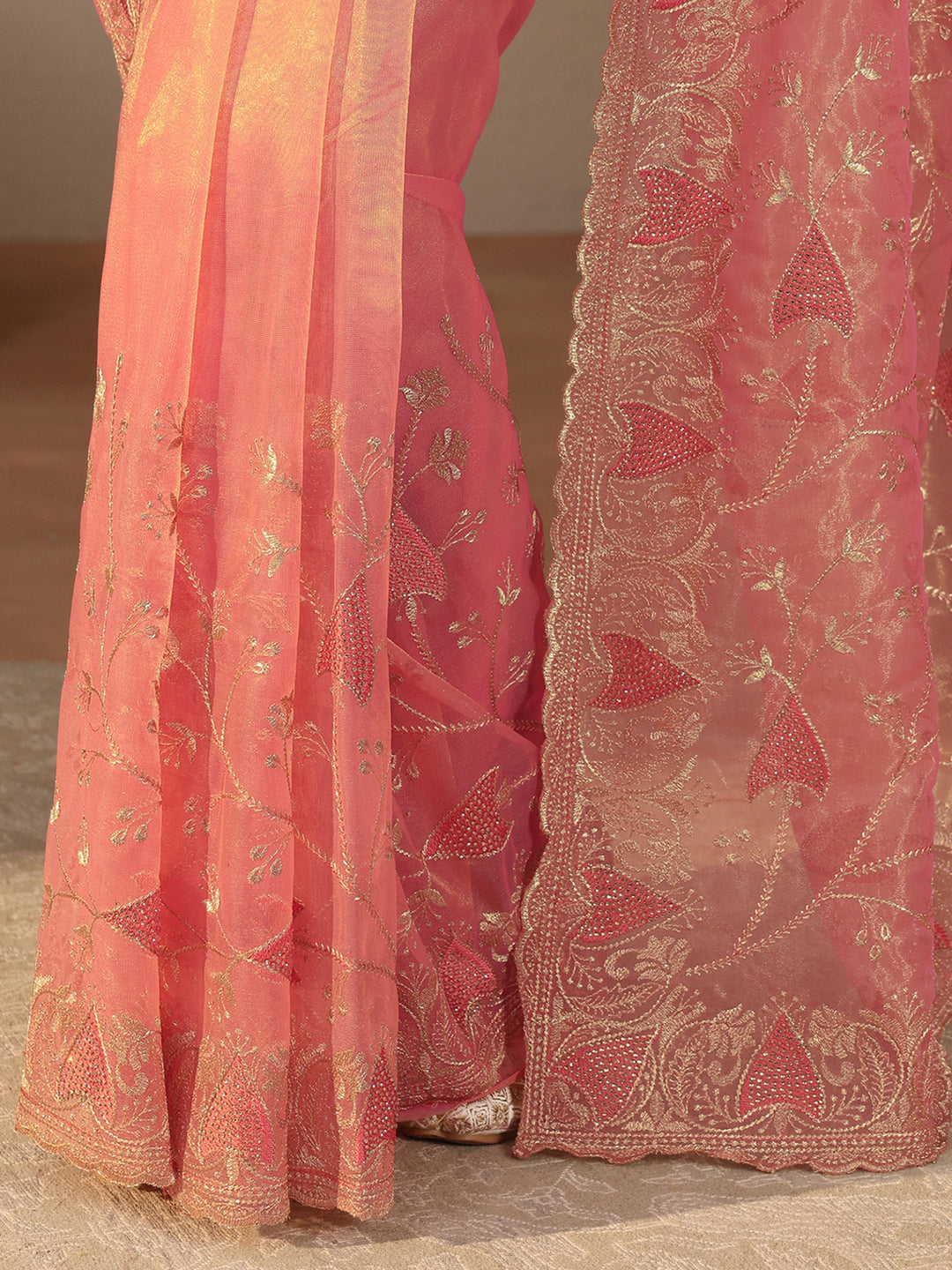  Peach Floral Embroidered Glossy Net Saree 