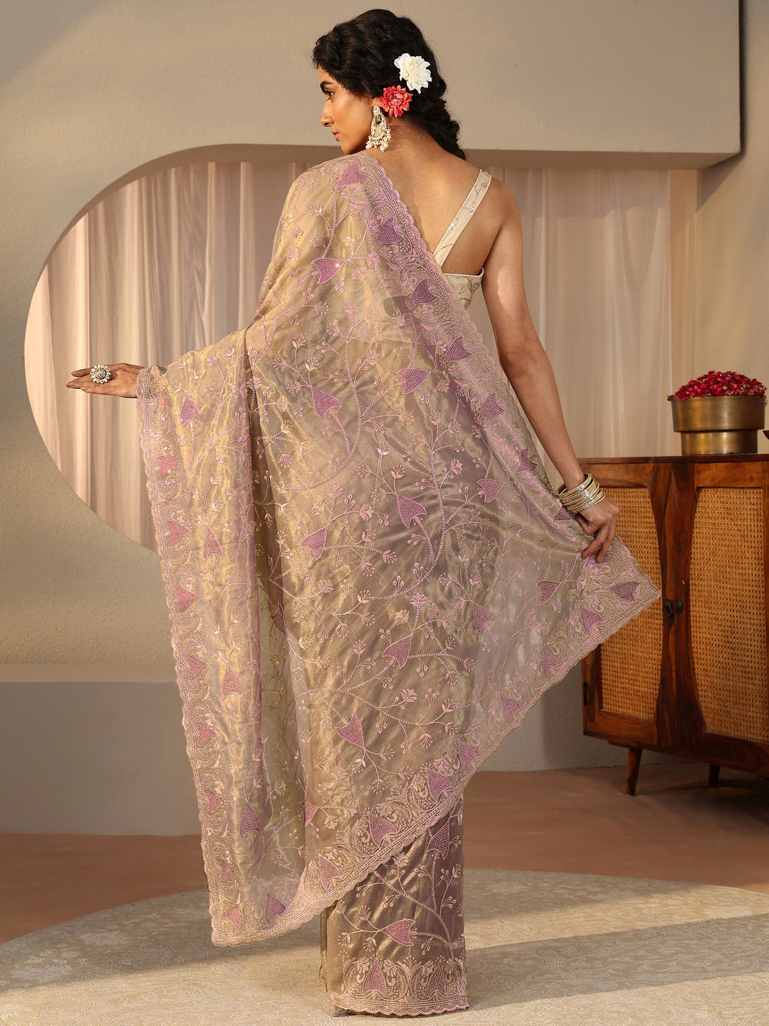  Lavender Floral Embroidered Glossy Net Saree 