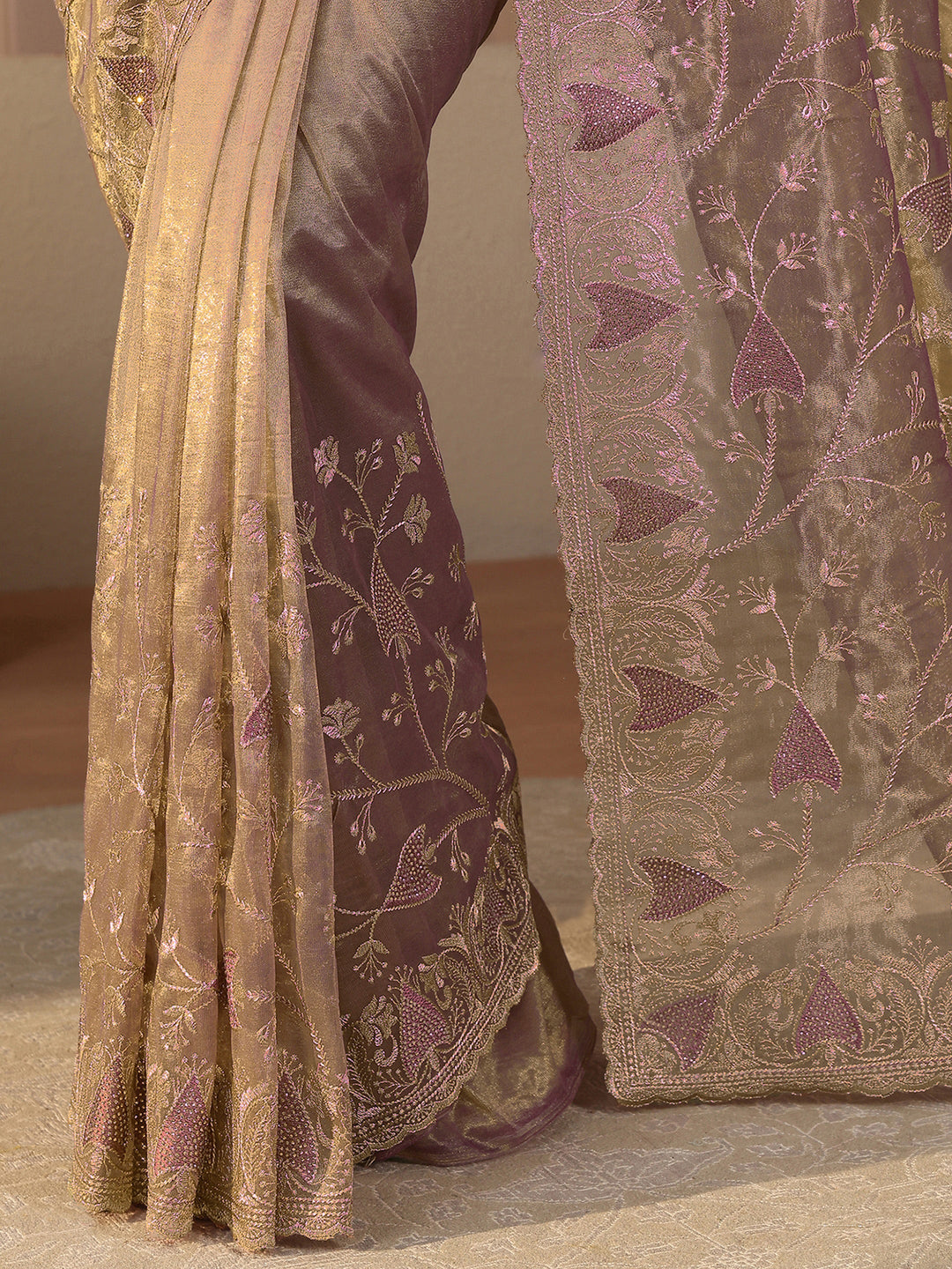  Lavender Floral Embroidered Glossy Net Saree 