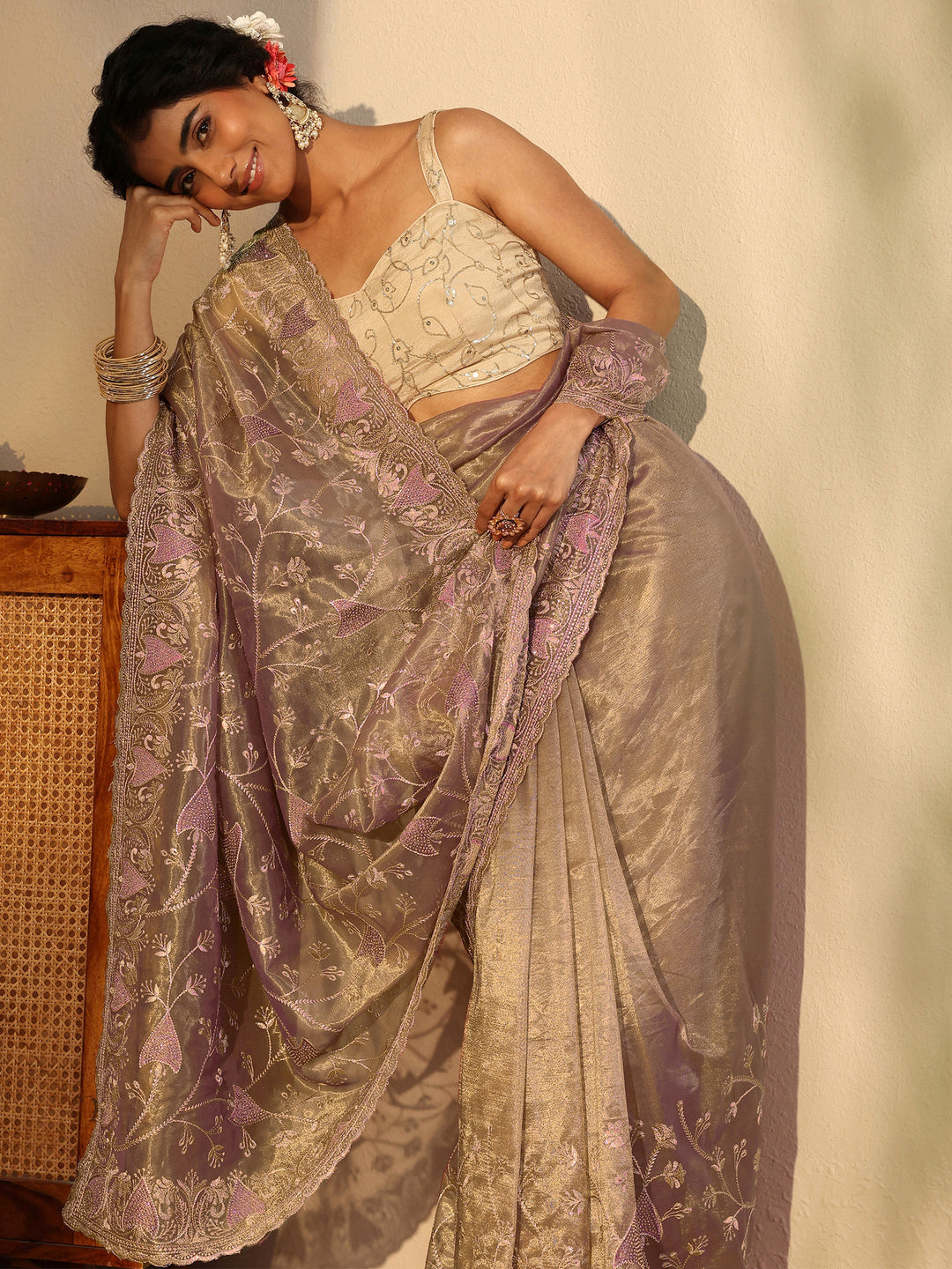  Lavender Floral Embroidered Glossy Net Saree 