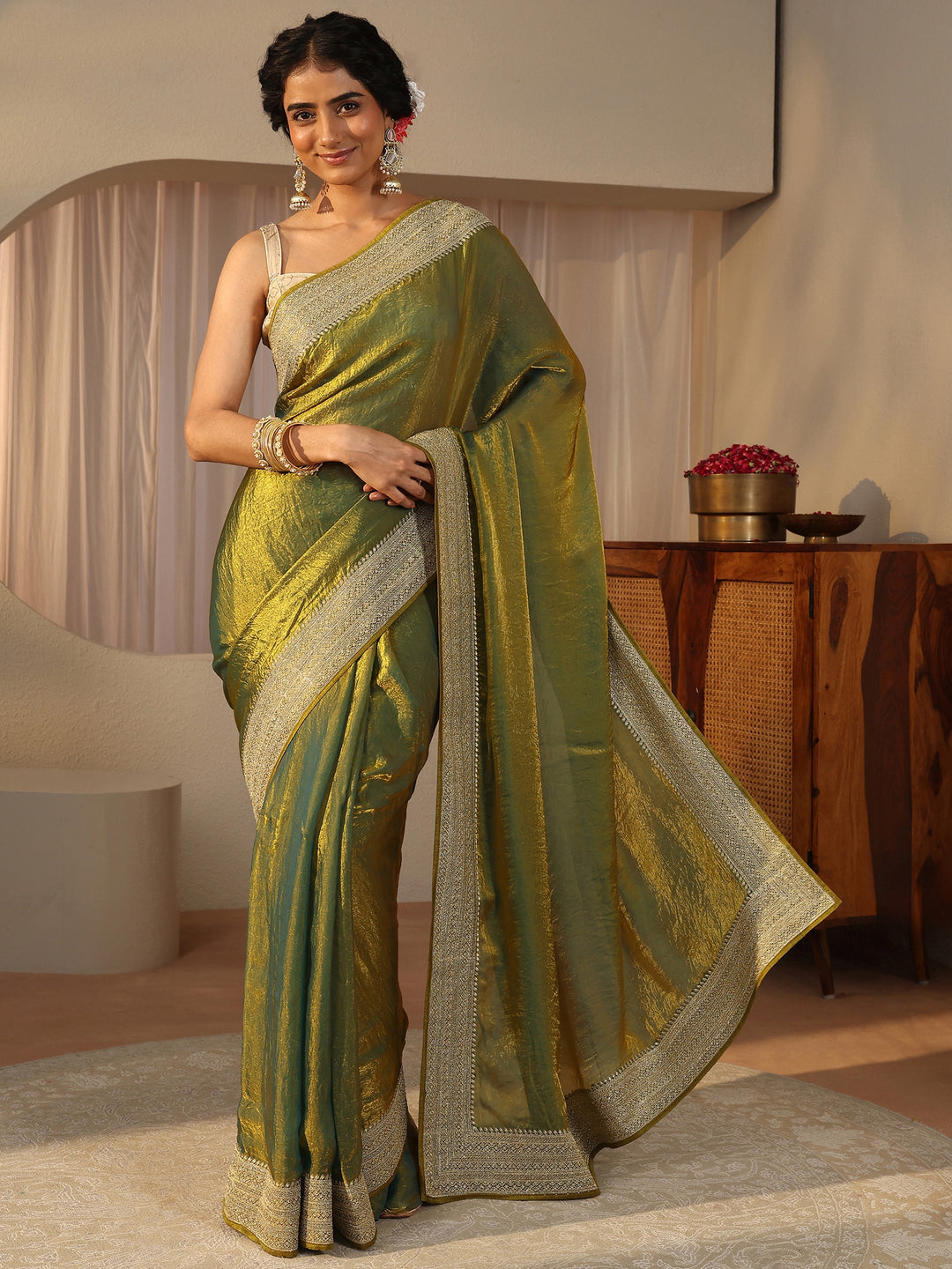 Green Solid Glossy Tissue Saree 