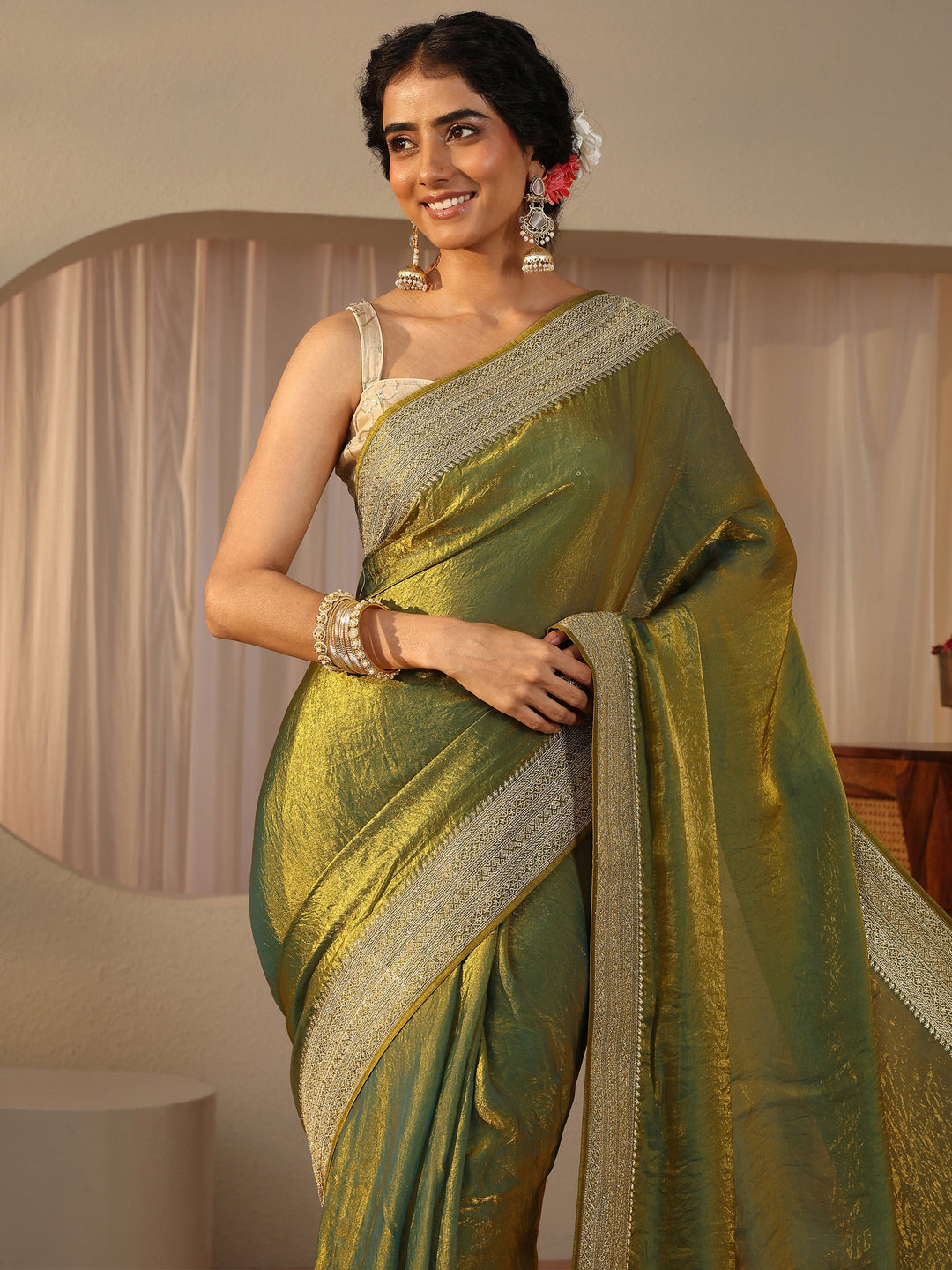  Green Solid Glossy Tissue Saree 