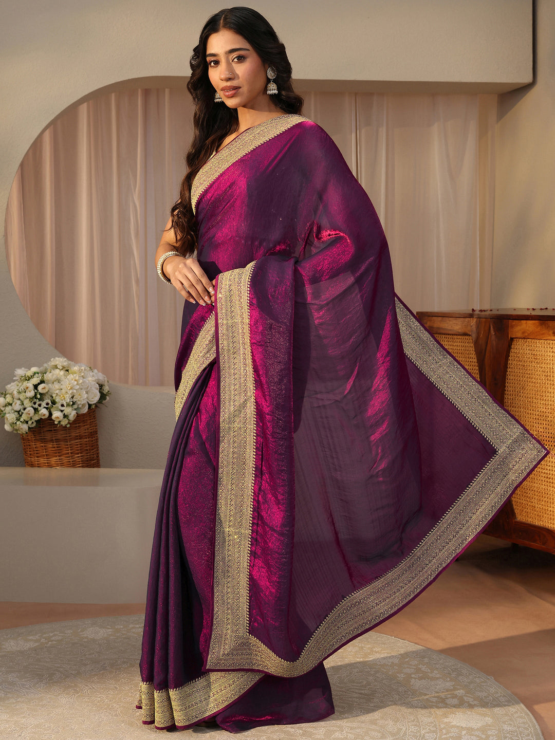  Burgundy Solid Glossy Tissue Saree 