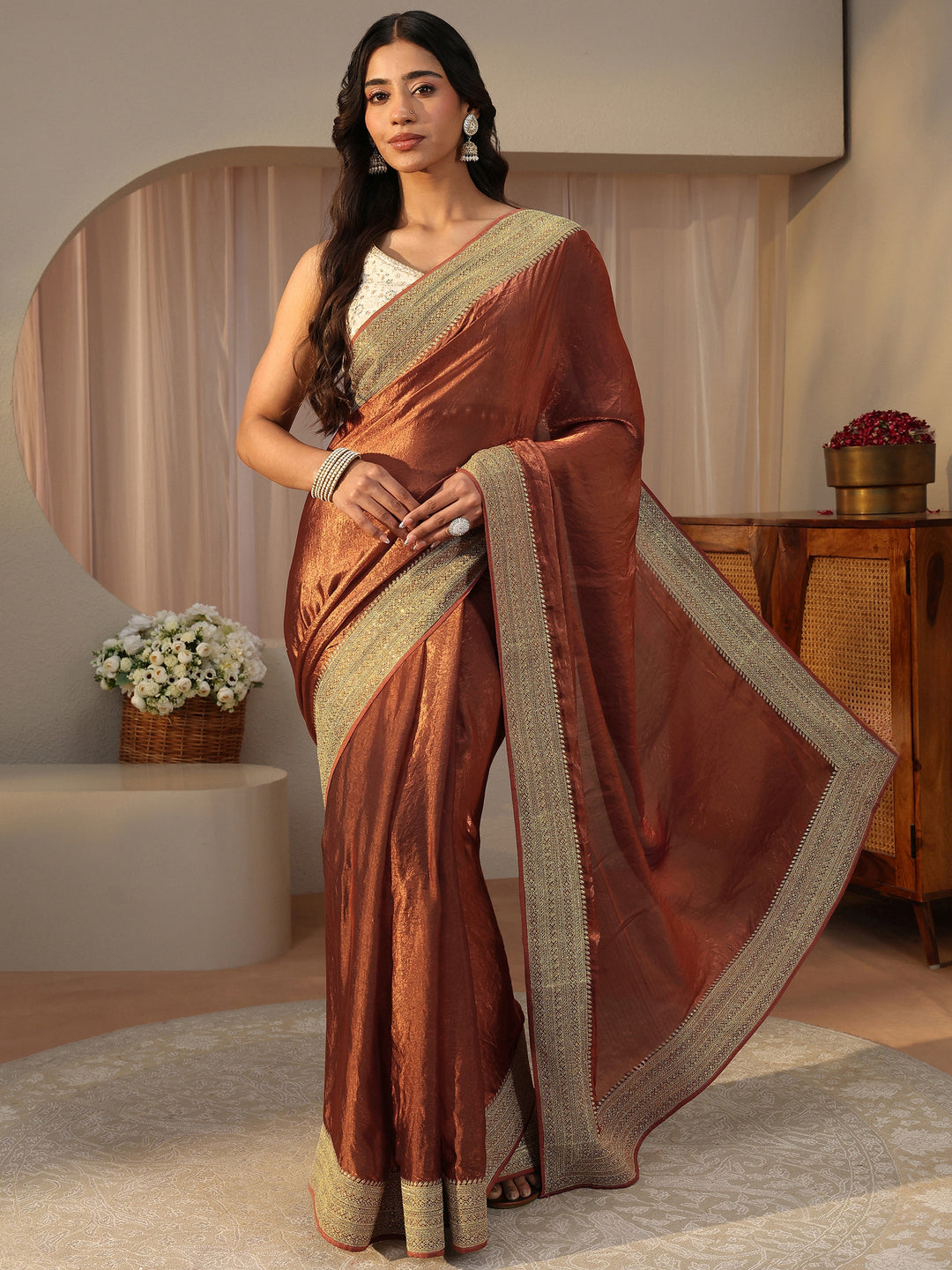  Brown Solid Glossy Tissue Saree 