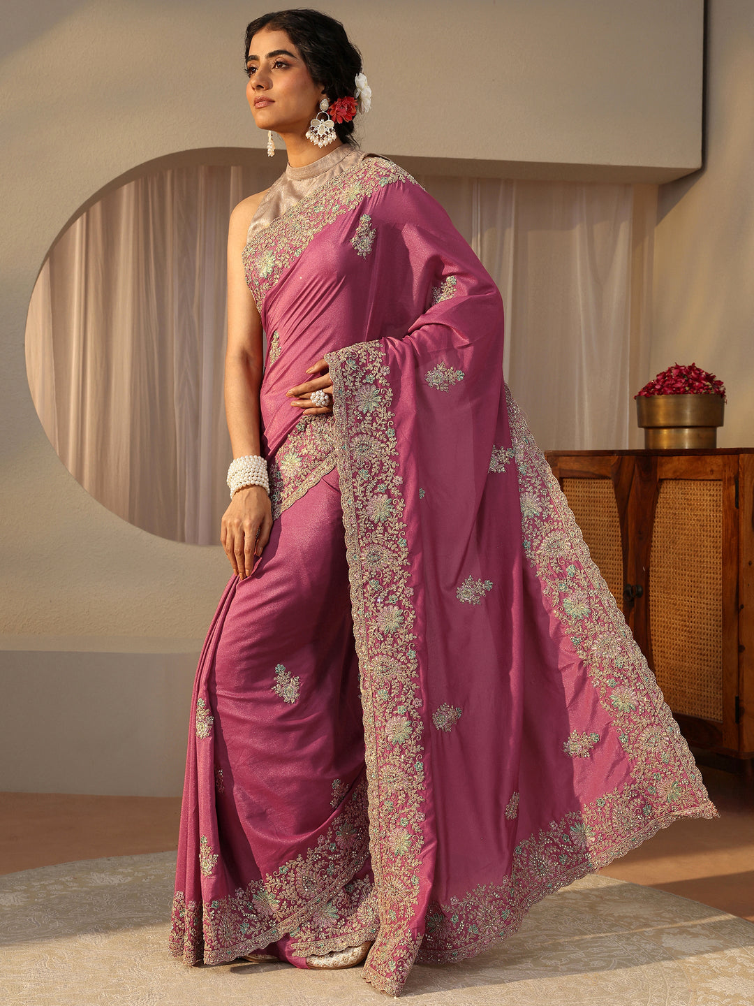  Pink Floral Embroidered Satin Saree 