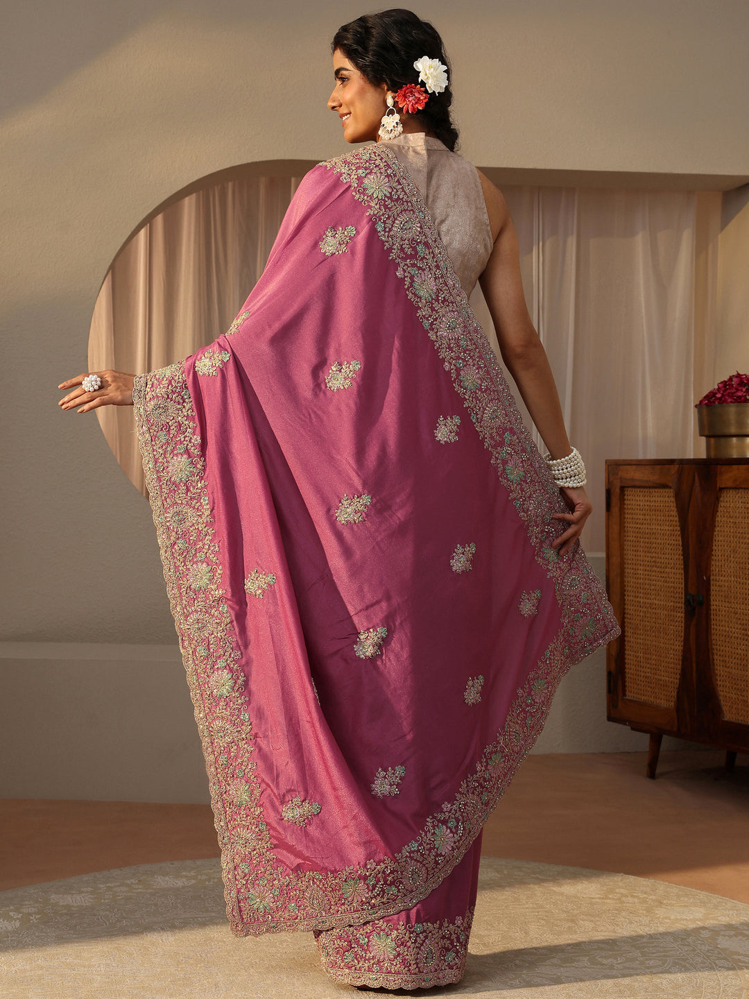  Pink Floral Embroidered Satin Saree 