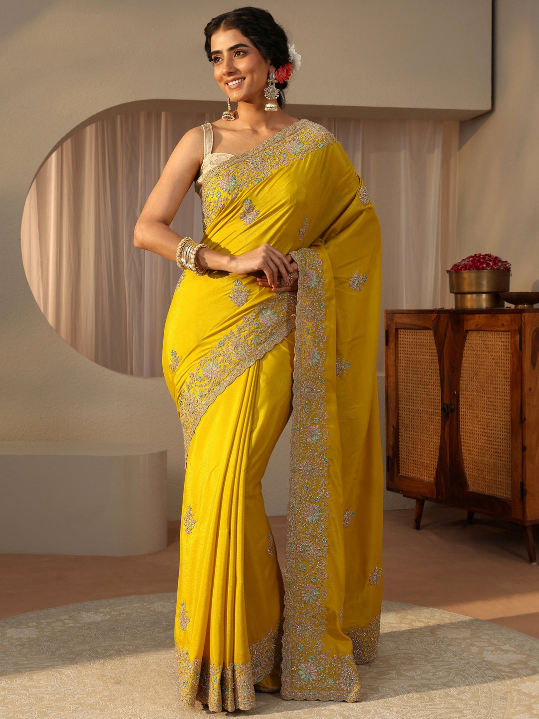  Yellow Floral Embroidered Satin Saree 