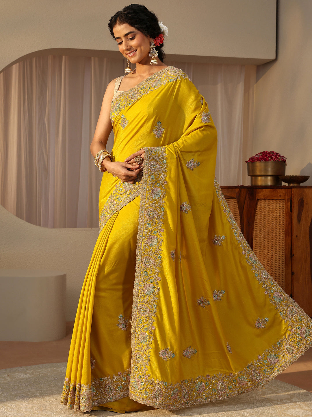  Yellow Floral Embroidered Satin Saree 
