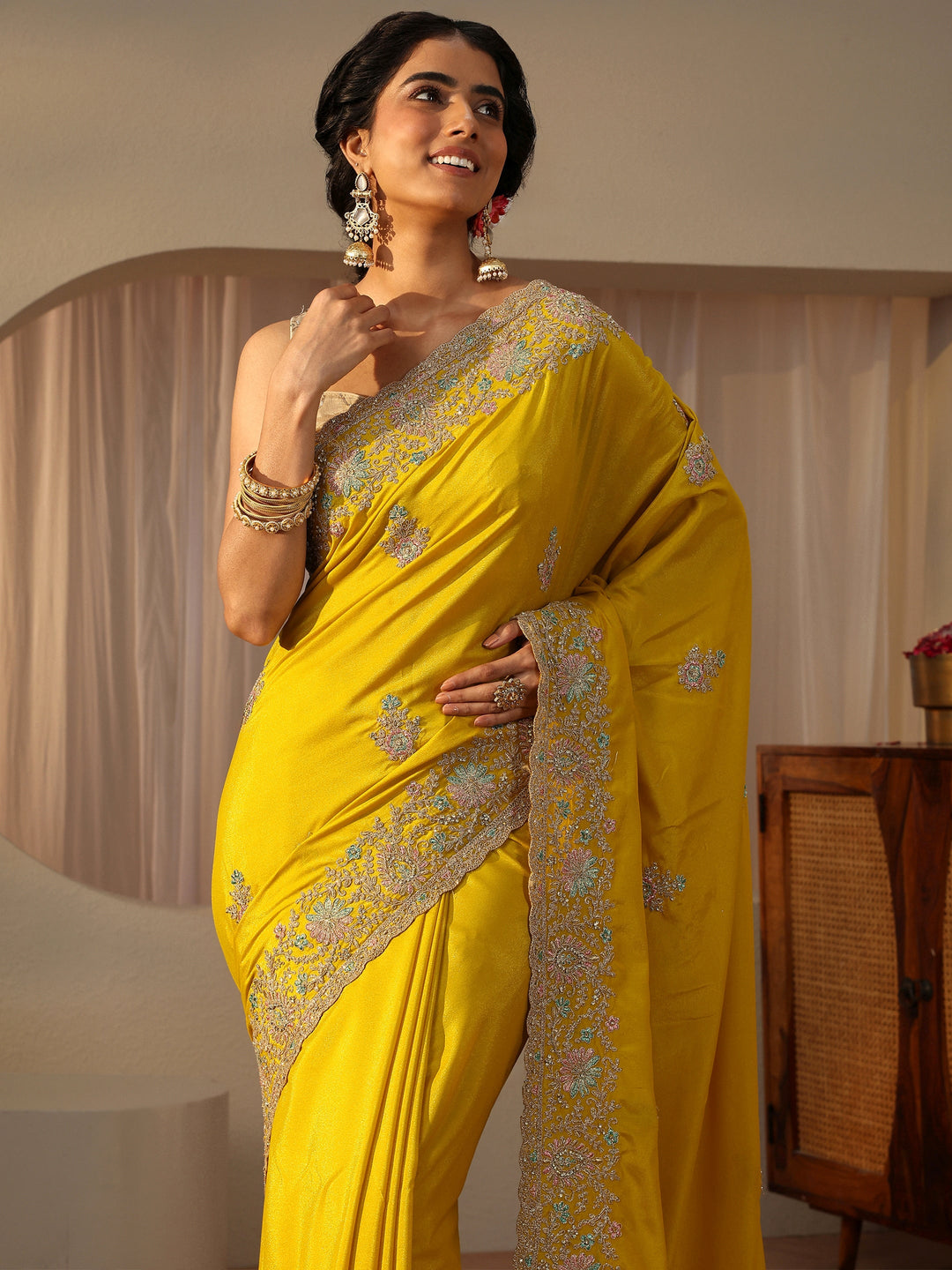  Yellow Floral Embroidered Satin Saree 