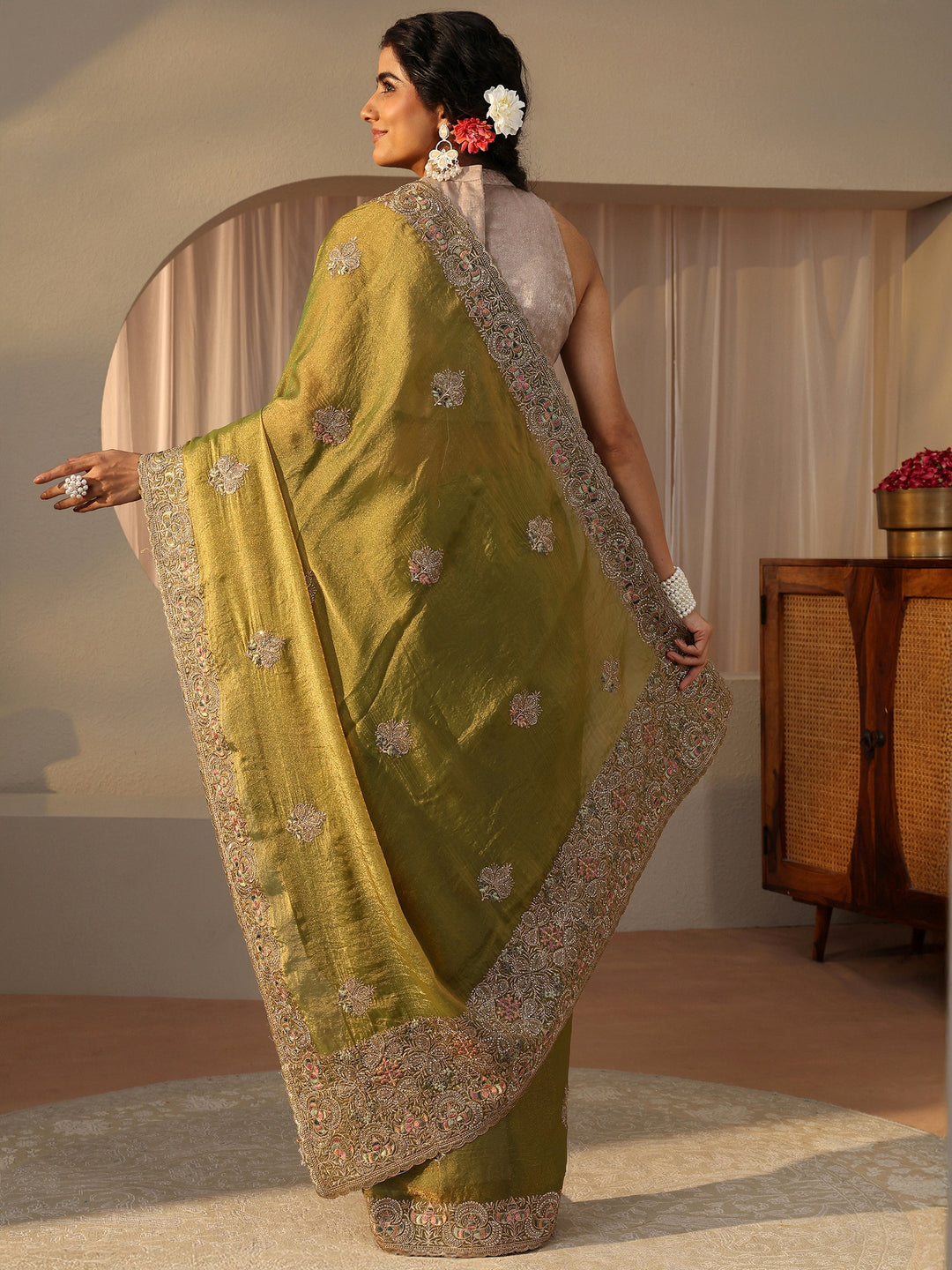  Green Floral Embroidered Tissue Saree 