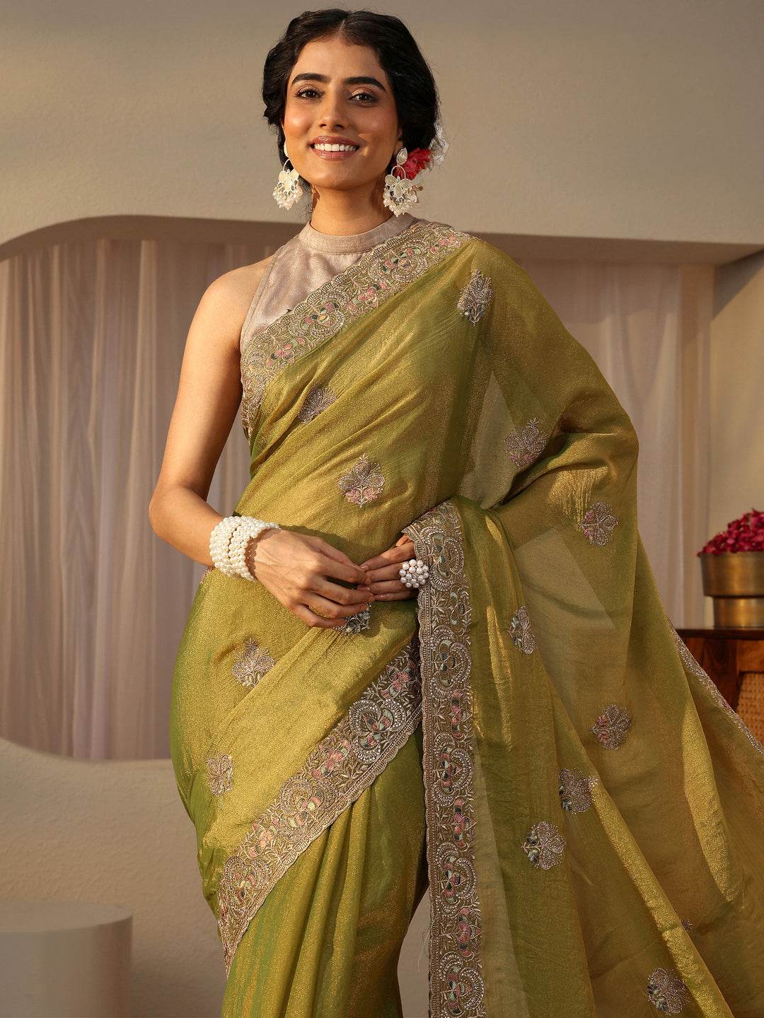  Green Floral Embroidered Tissue Saree 