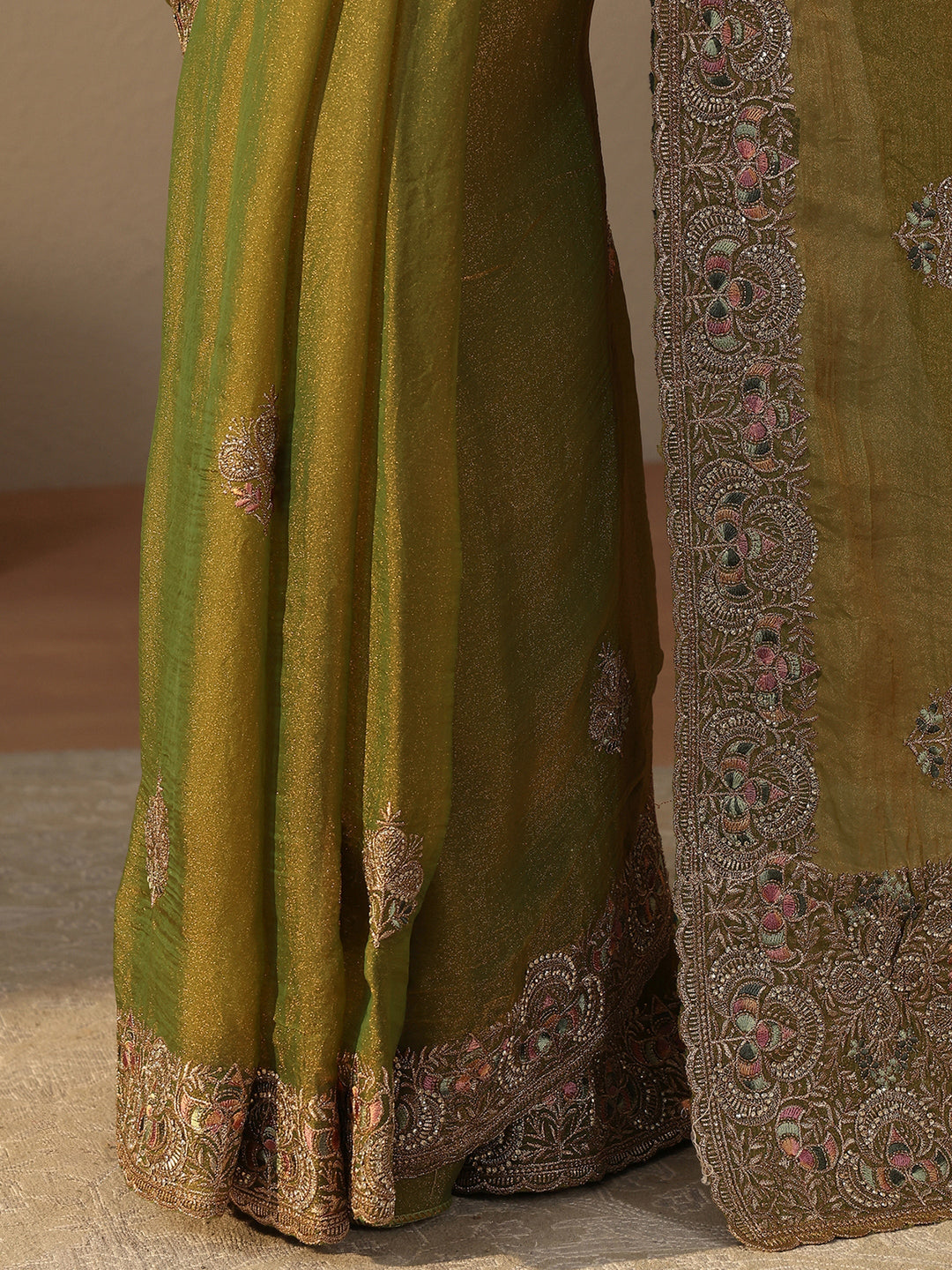  Green Floral Embroidered Tissue Saree 