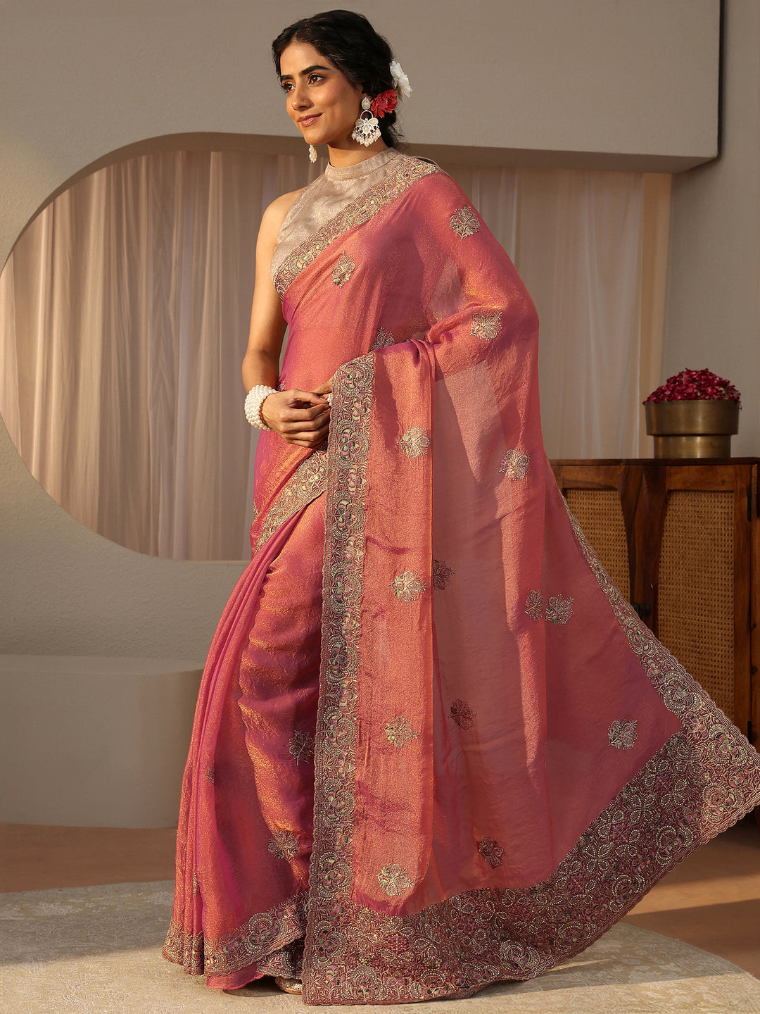  Peach Floral Embroidered Tissue Saree 