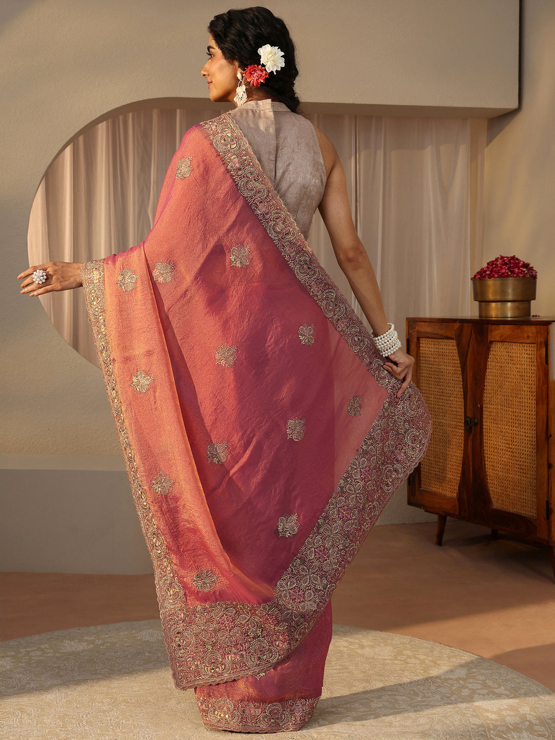  Peach Floral Embroidered Tissue Saree 
