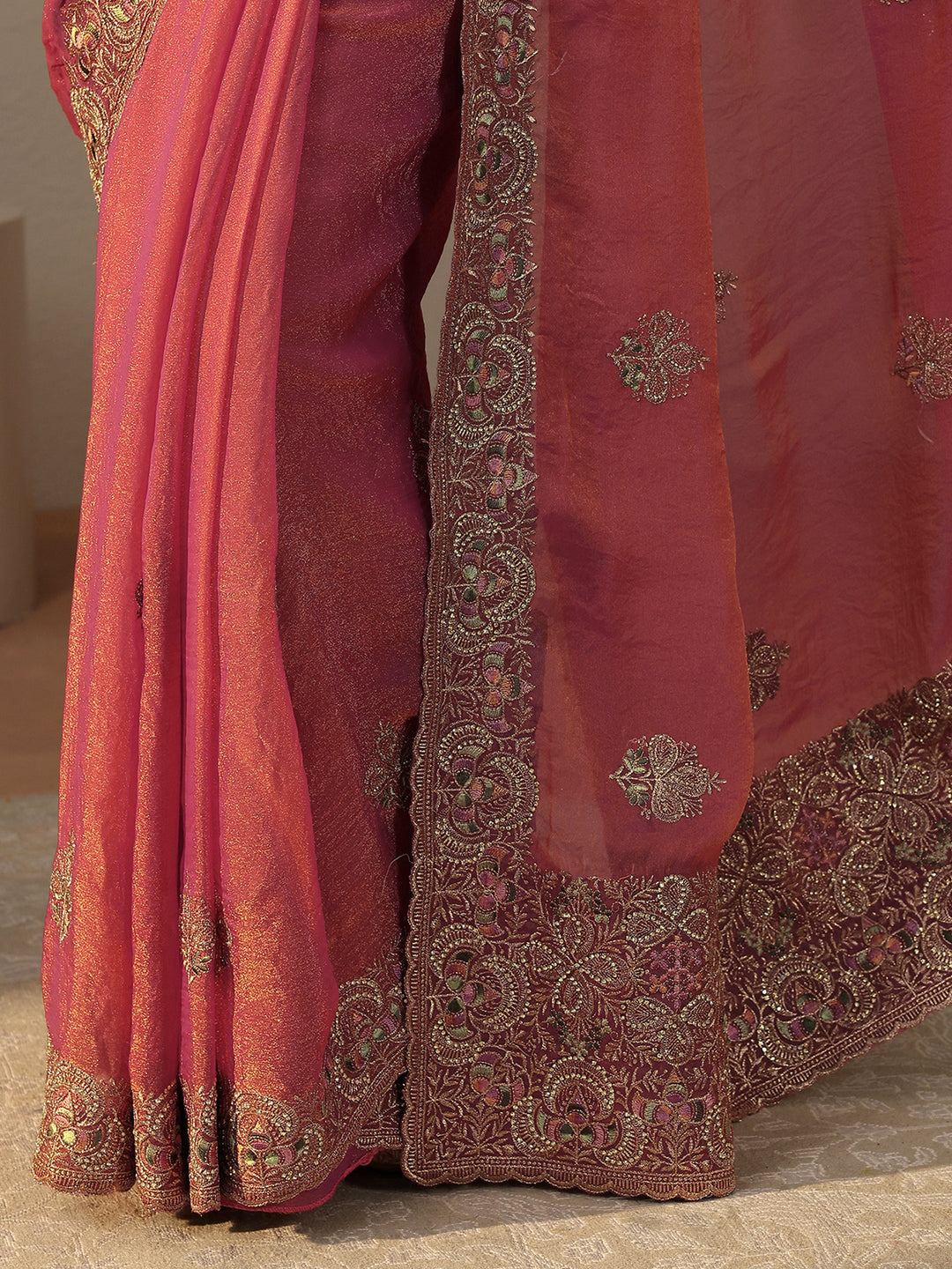 Peach Floral Embroidered Tissue Saree 
