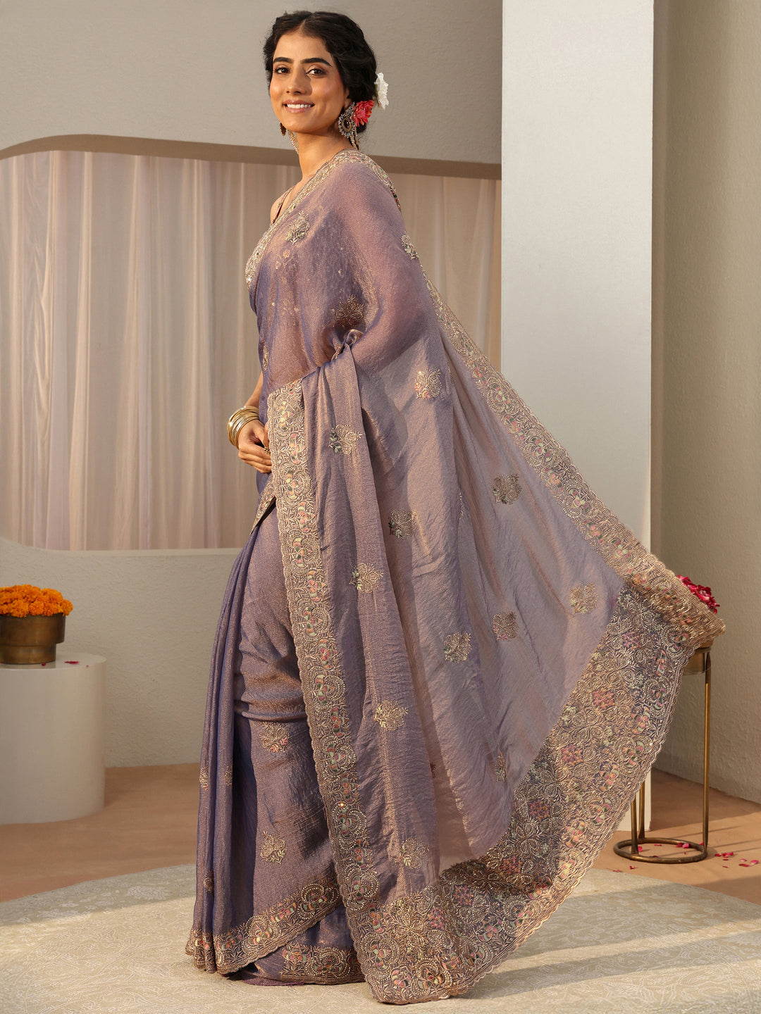  Lavender Floral Embroidered Tissue Saree 