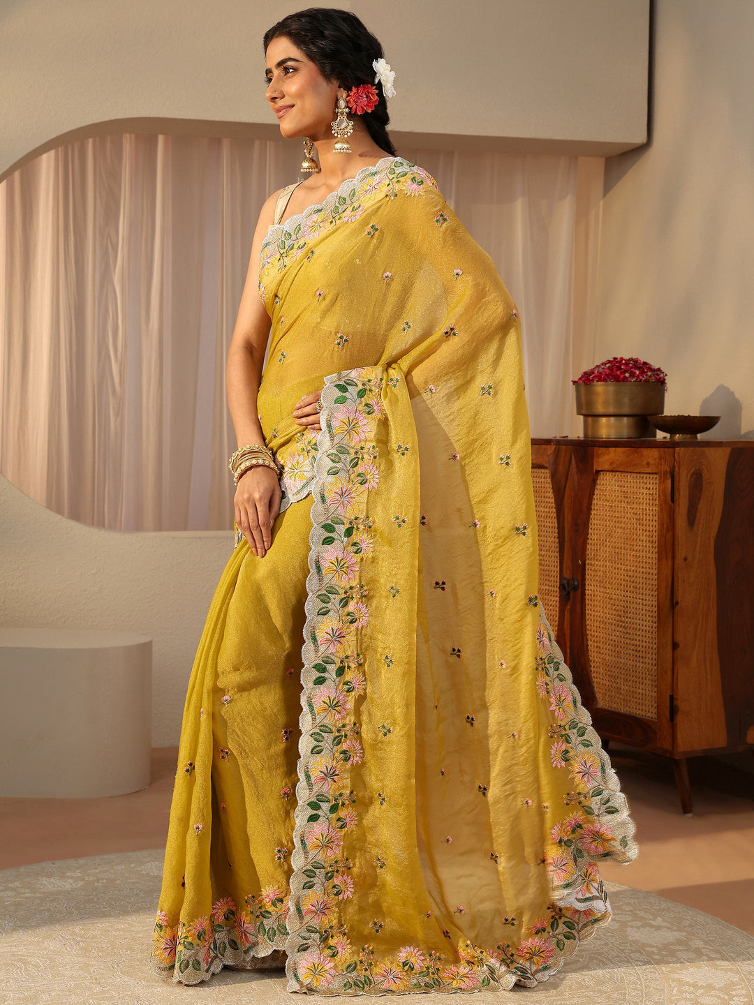  Yellow Floral Embroidered Tissue Saree 