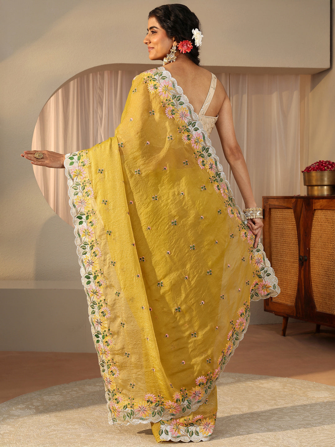  Yellow Floral Embroidered Tissue Saree 