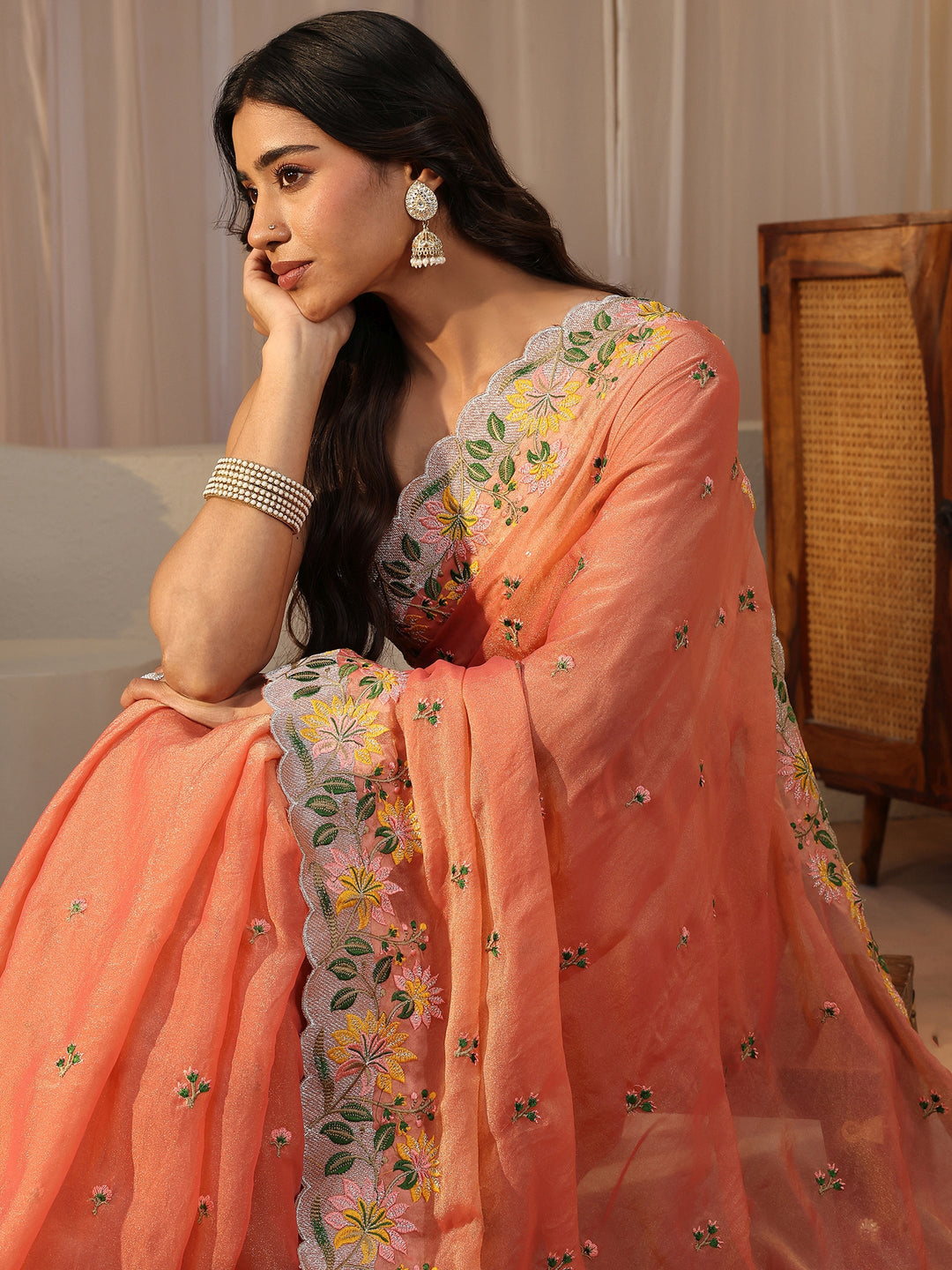  Peach Floral Embroidered Tissue Saree 